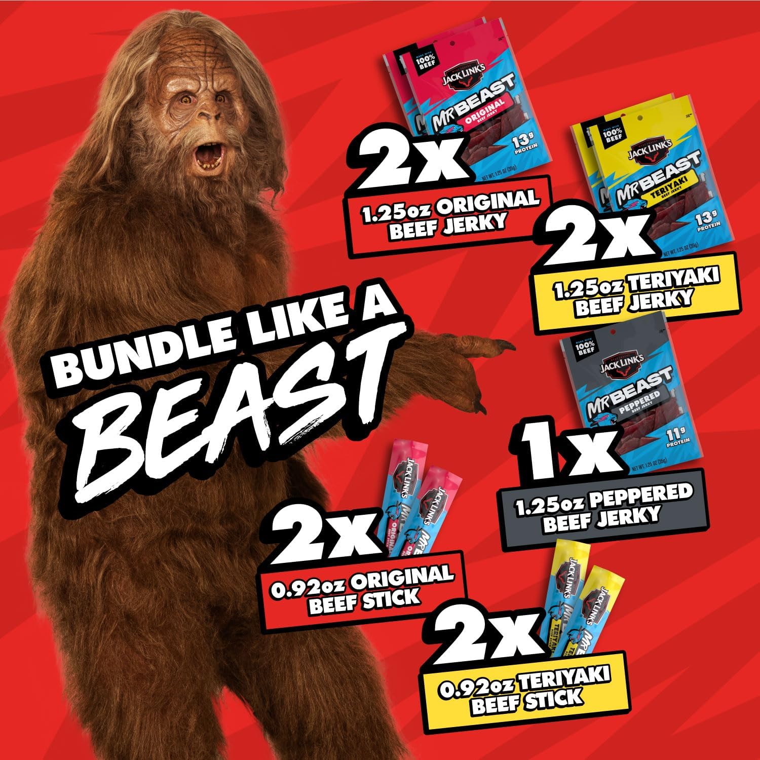 Jack Link's MrBeast Beef Jerky, Peppered Beef Jerky - 10 Count | As Seen on Beast Games, 11g Protein, Made with 100% Real Beef, Pantry-Ready Snacks