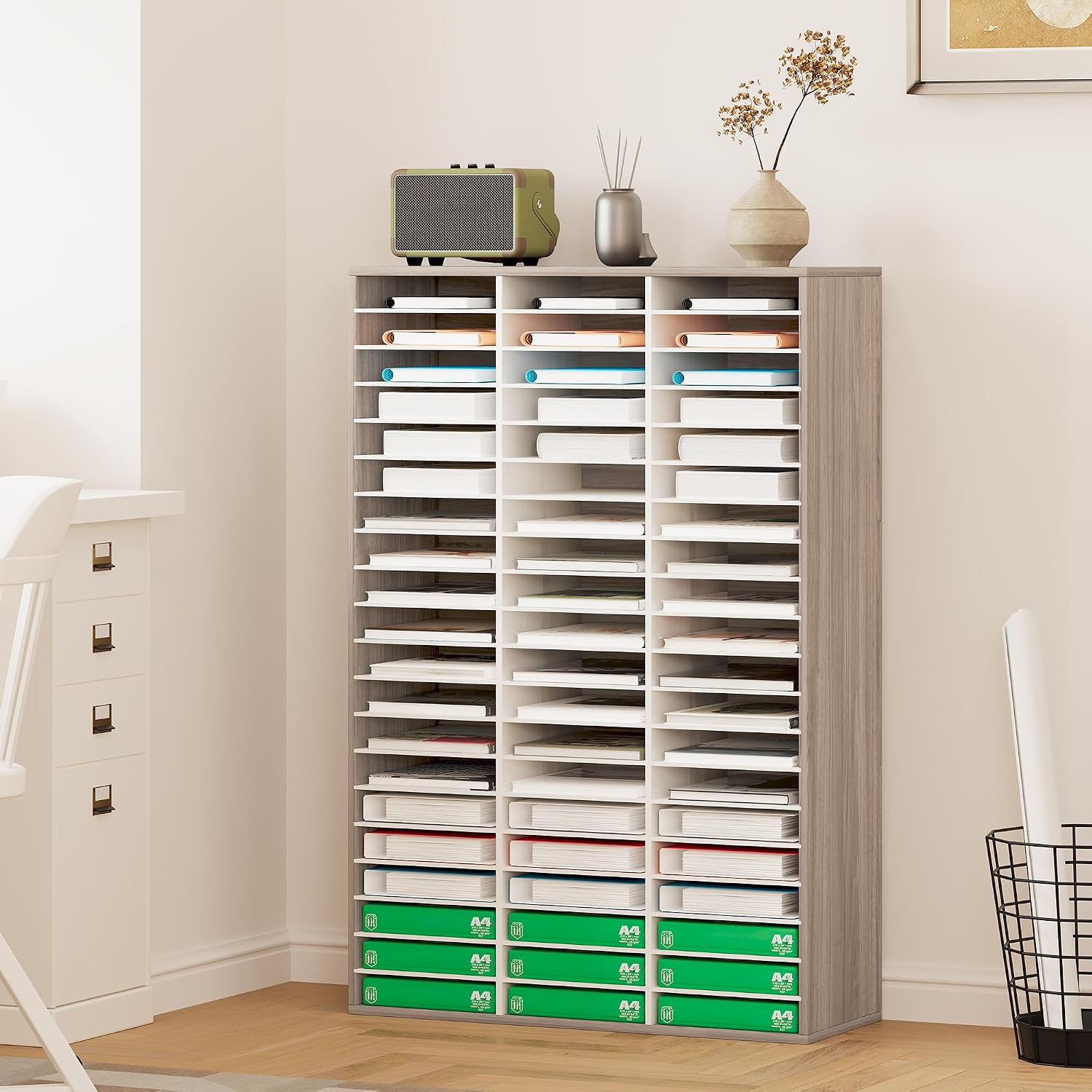 EasyPAG 12 Compartments Wooden Literature Organizer with Adjustable Shelves, 6000 Sheets Capacity Paper Organizer
