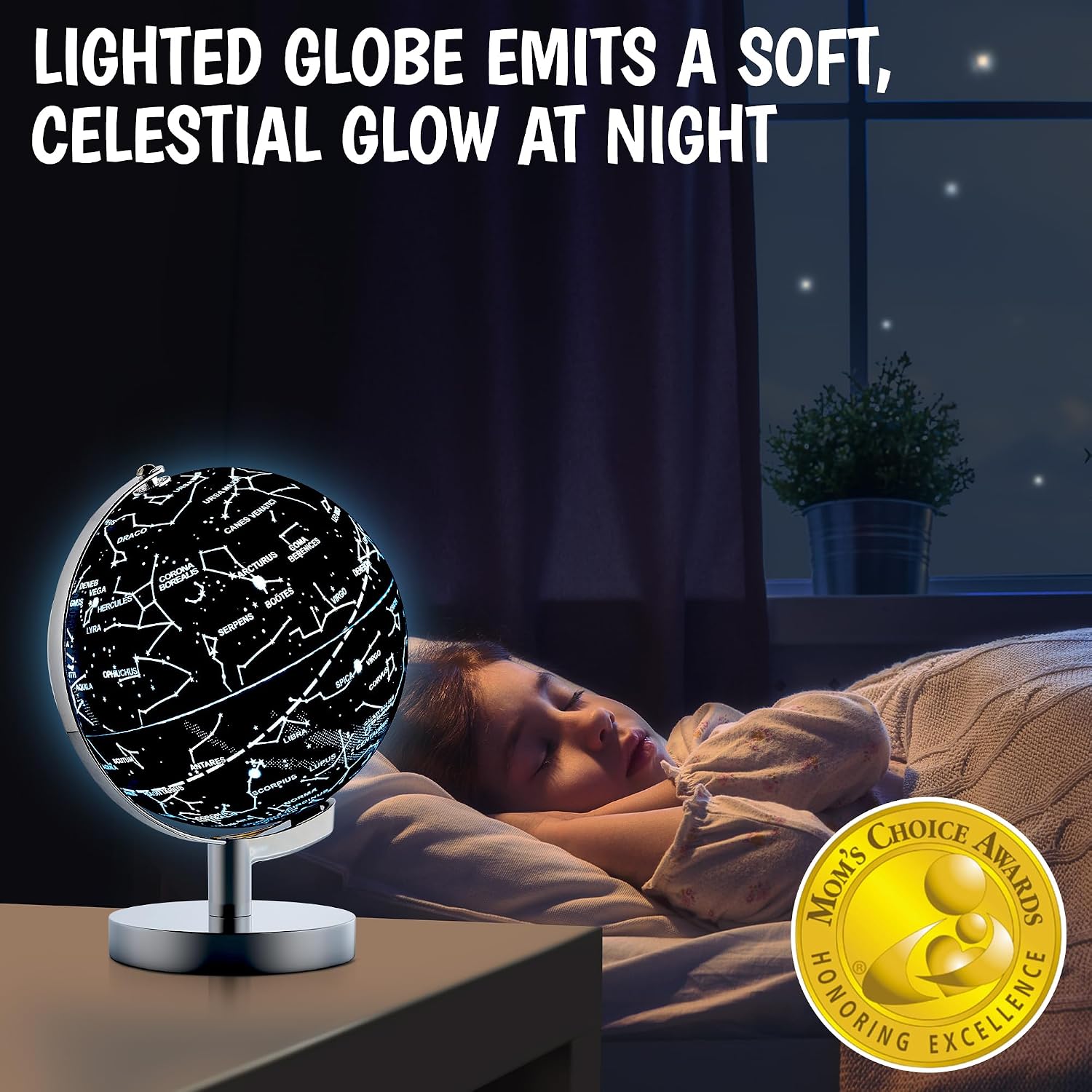 USA Toyz Illuminated World Globe with Stand - 3in1 STEM Globes for Adults and Kids, Constellation Map, Built-In LED Night Light Lamp, Easy to Read Texts, Non-Tip Base, 13.5 Inch Tall, 9 Inch Diameter