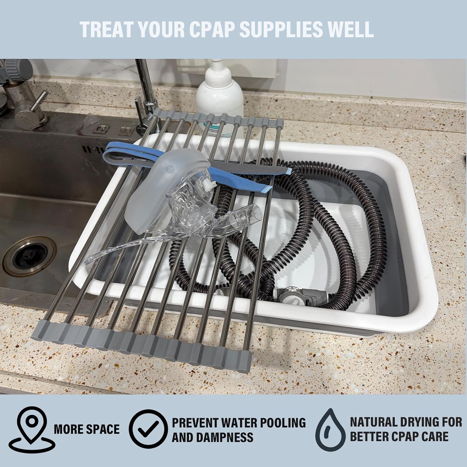 Drying Rack CPAP Cleaning Kit with Collapsible Wash Basin, CPAP Hose & Mask Cleaner Set,CPAP Storage Bag with Drying Rack（Grey）