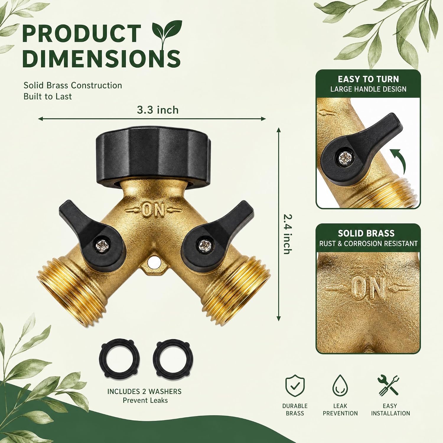 Xiny Tool Hose Splitter, Garden Hose Splitter Heavy Duty 2 Way, Solid Brass Water Hose Y Splitter 2 Valves with 2 Extra Rubber Washers