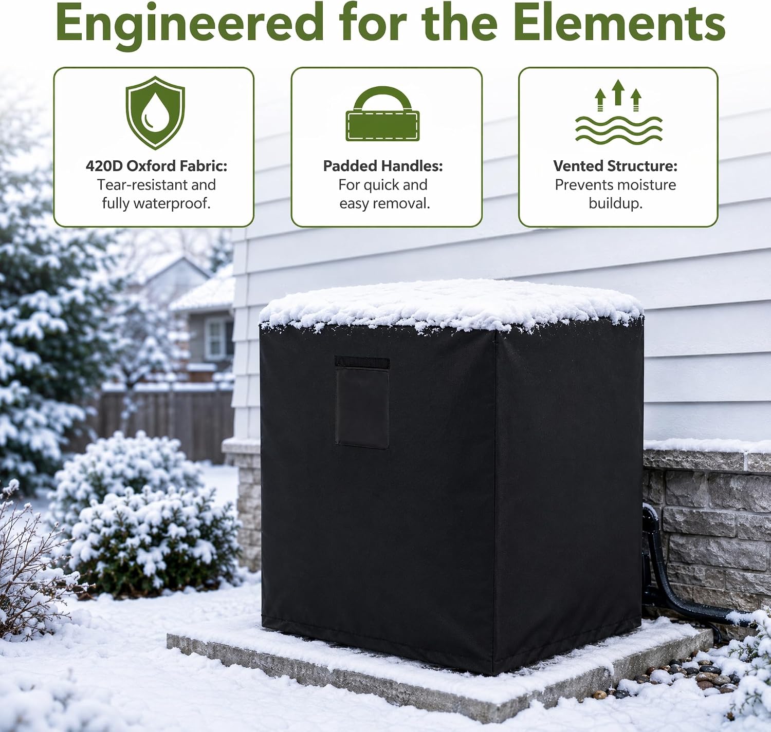 Air Conditioner Cover for Outside 34 x 34 x 30 inch | Square top design, water-resistant 420D Oxford, windproof straps, fits most central ac condensers, year-round