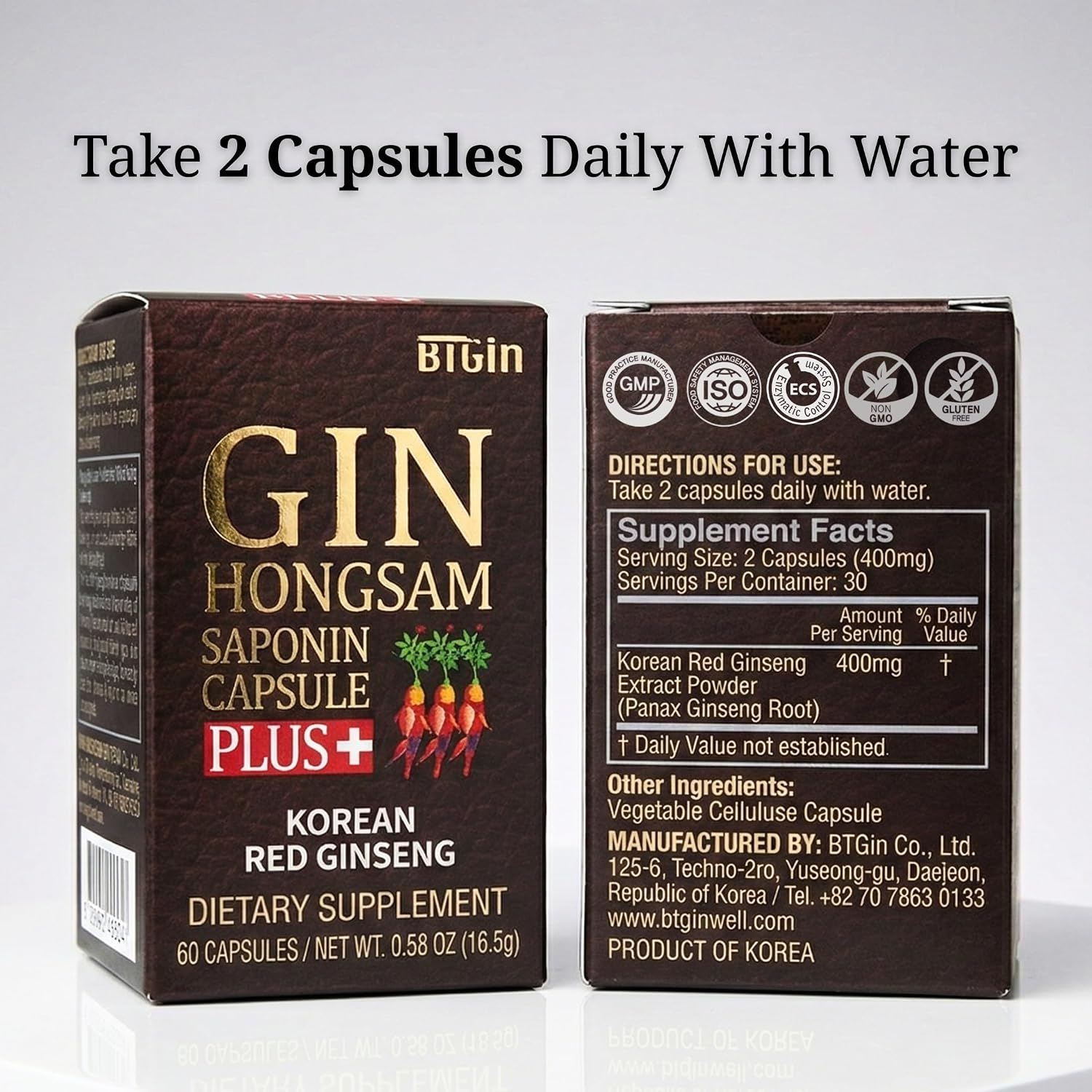 Gin Hongsam Saponin Capsule Plus Korean Red Panax Ginseng Extract - High Rg3 & Compound K Supplement - Caffeine Free Extra Strength Energy