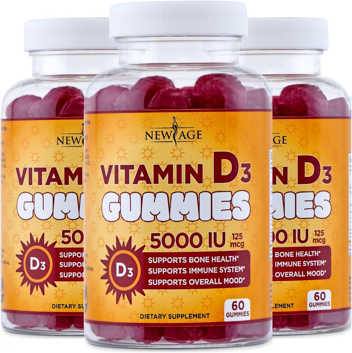 NEW AGE Vitamin D3 5000 IU 125mcg Gummies - Immune Supplement - Non-GMO, Gluten-Free, Dairy-Free, No Gelatin (120 Gummies (Pack of 2))