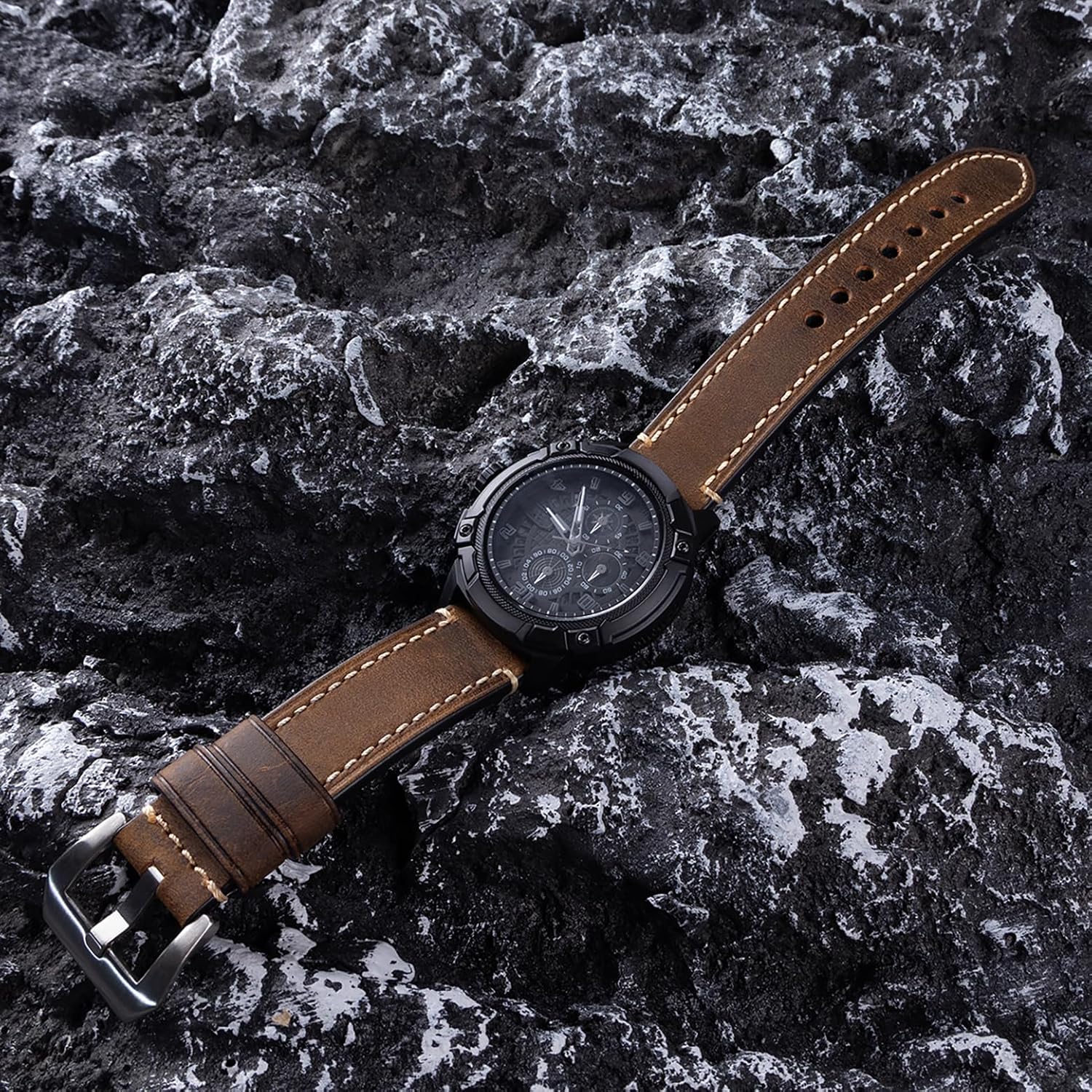Dark Brown 22mm Genuine Leather Wristwatch Watch Band Oil Tan Vintage Strap for Men with Stainless Buckle