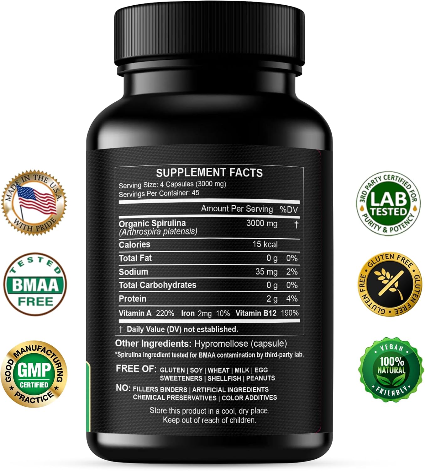 Spirulina Powder Capsules 3000 mg - Purest Non-Irradiated Blue Green Algae - Best Raw Vegan Protein - Green Superfood - Natural Multivitamins –