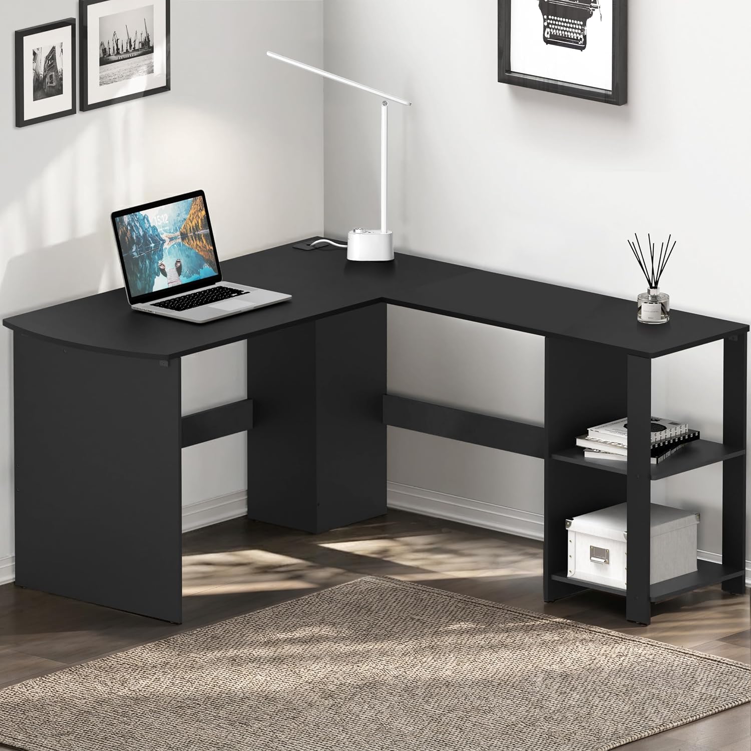 SHW 51 x 51 L-Shaped Home Office Wood Corner Desk with Storage, Espresso | Integrated Book Shelves