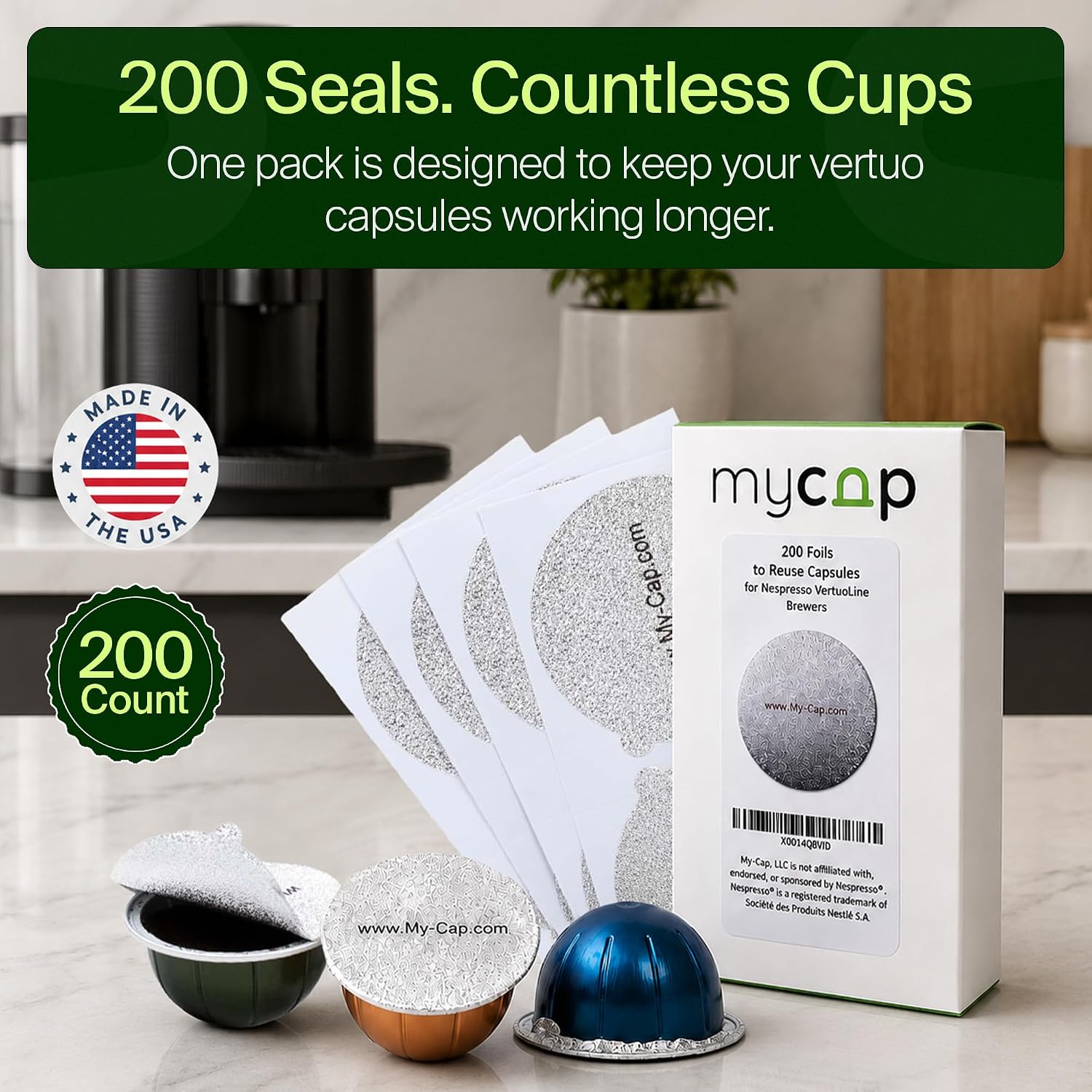 Foil Seals for Nespresso Vertuo Pods - Reusable Aluminum Lids to Extend Life of Nespresso VertuoLine Capsules (Pack of 100)