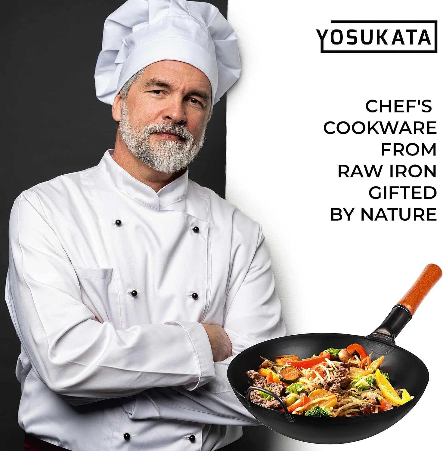 YOSUKATA 13.5" Pre-Seasoned Flat Bottom Black Carbon Steel Wok for Stir Fry