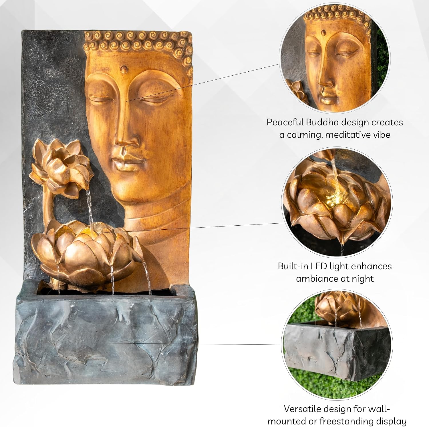 XBrand 30" H Zen Buddha Face Water Fountain w/LED Light & Pump, Indoor/Outdoor Freestanding, Relaxing Zen Décor