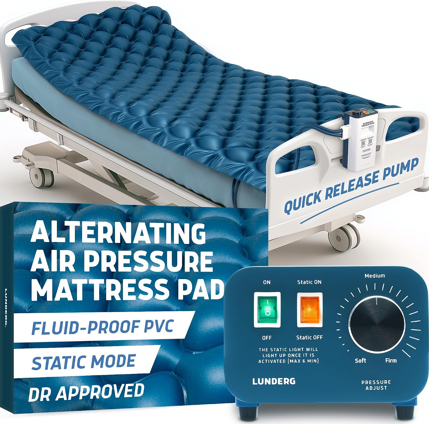 Lunderg PressuRelief Alternating Air Pressure Mattress Pad with Static Mode | With Snap-2-Pad Comfort Layer - Quiet Pump, Comfortable Bed Sore Prevention Mattress Topper for Hospital Bed or Home