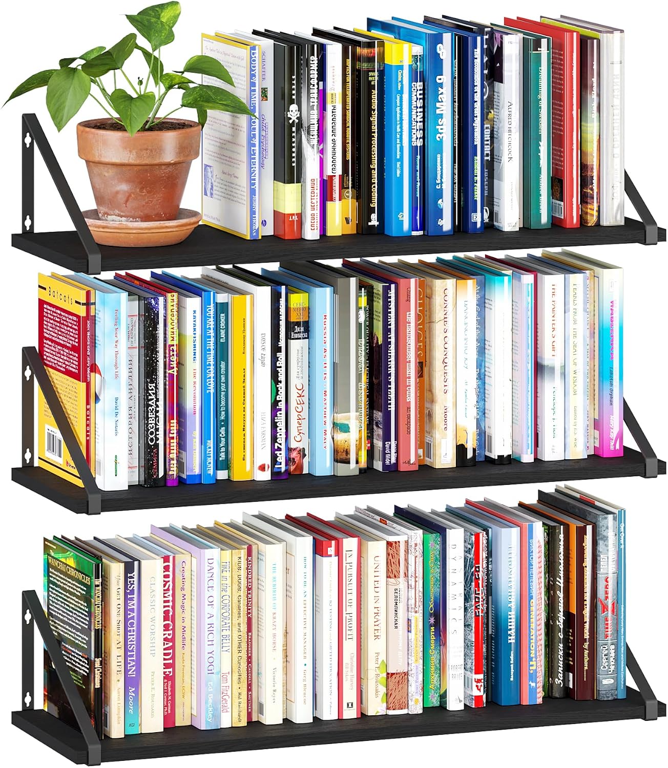 BAMEOS Floating Shelves Rustic Wood Wall Shelf, Small Bookshelf for Living Room, Office, Bedroom, with Metal Bracket