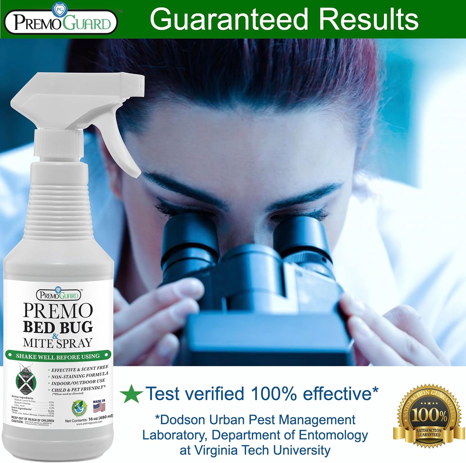 Premo Guard Bed Bug & Mite Killer Spray – University Tested 100% Kill Rate | Natural, Safe for Bedding, Furniture, Fabrics, and Clothing, Non Toxic, Stain & Scent Free, Child & Pet Safe