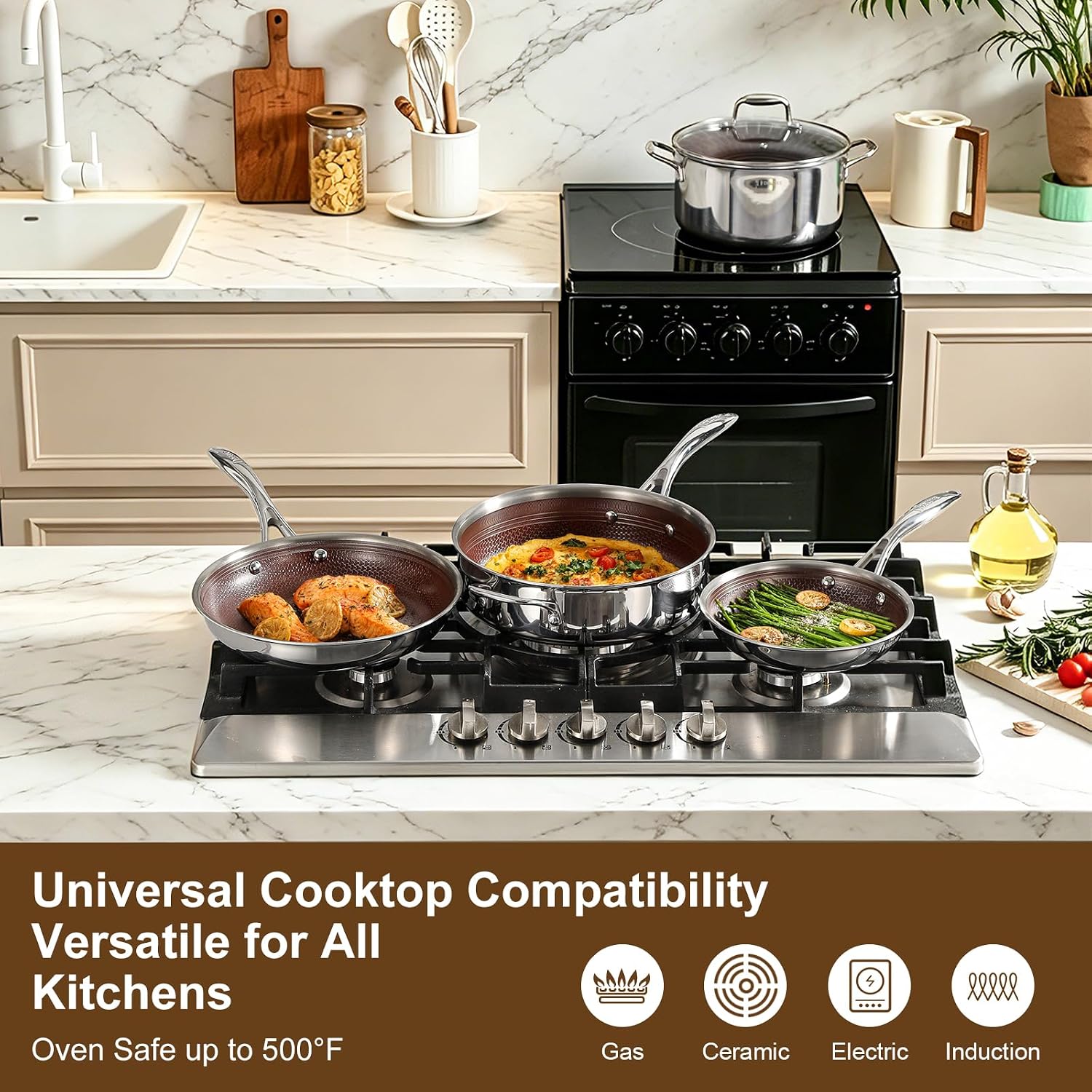 Deluxe 13 Piece Hybrid Ceramic Nonstick Stainless Steel Cookware Set | 5 PC Fry Pan Set, 6 PC Pot Set, 3.7QT Deep Sauté Pan&Lid, Induction Ready, Stay Cool, PFOA Free FOR All Cooktops
