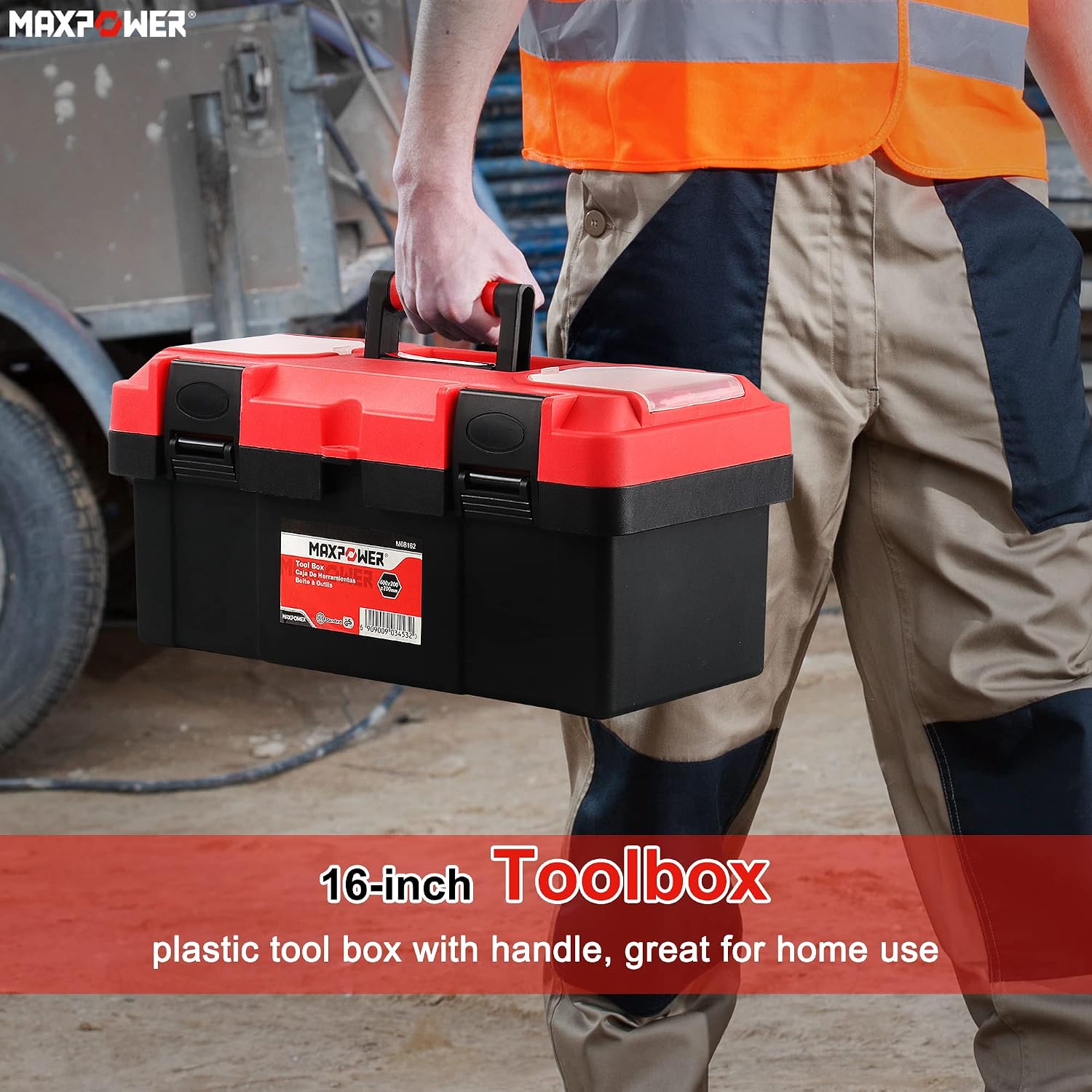 MAXPOWER Small Tool Box, 14-inch Plastic Tool Boxes with Handle | Removable Tray with Dual Lock Secured, Red Toolbox for Home