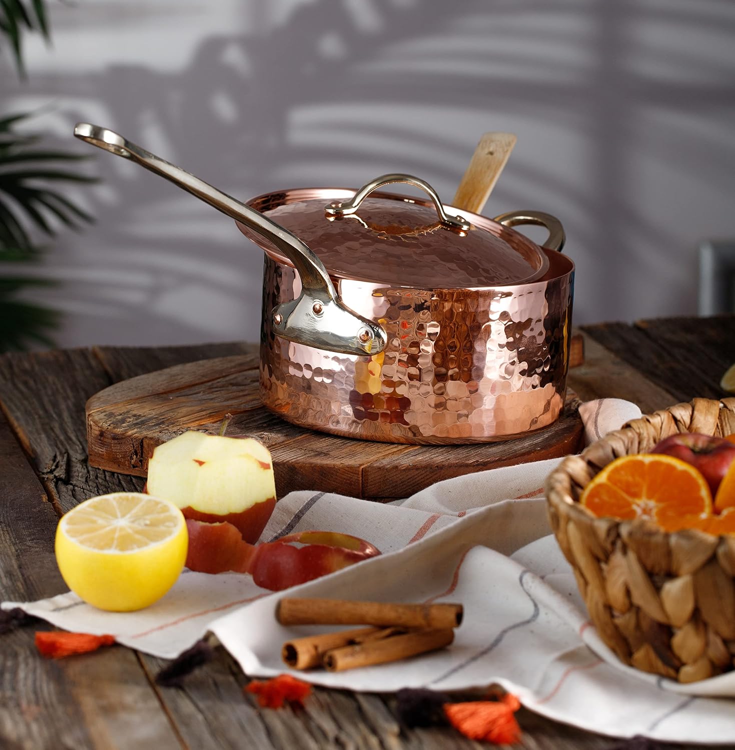 DEMMEX 1.2mm Thick Hammered Uncoated Copper Saucepan with Lid & Helper Handle, Food-Safe Tin Lined (1.7-Quart)