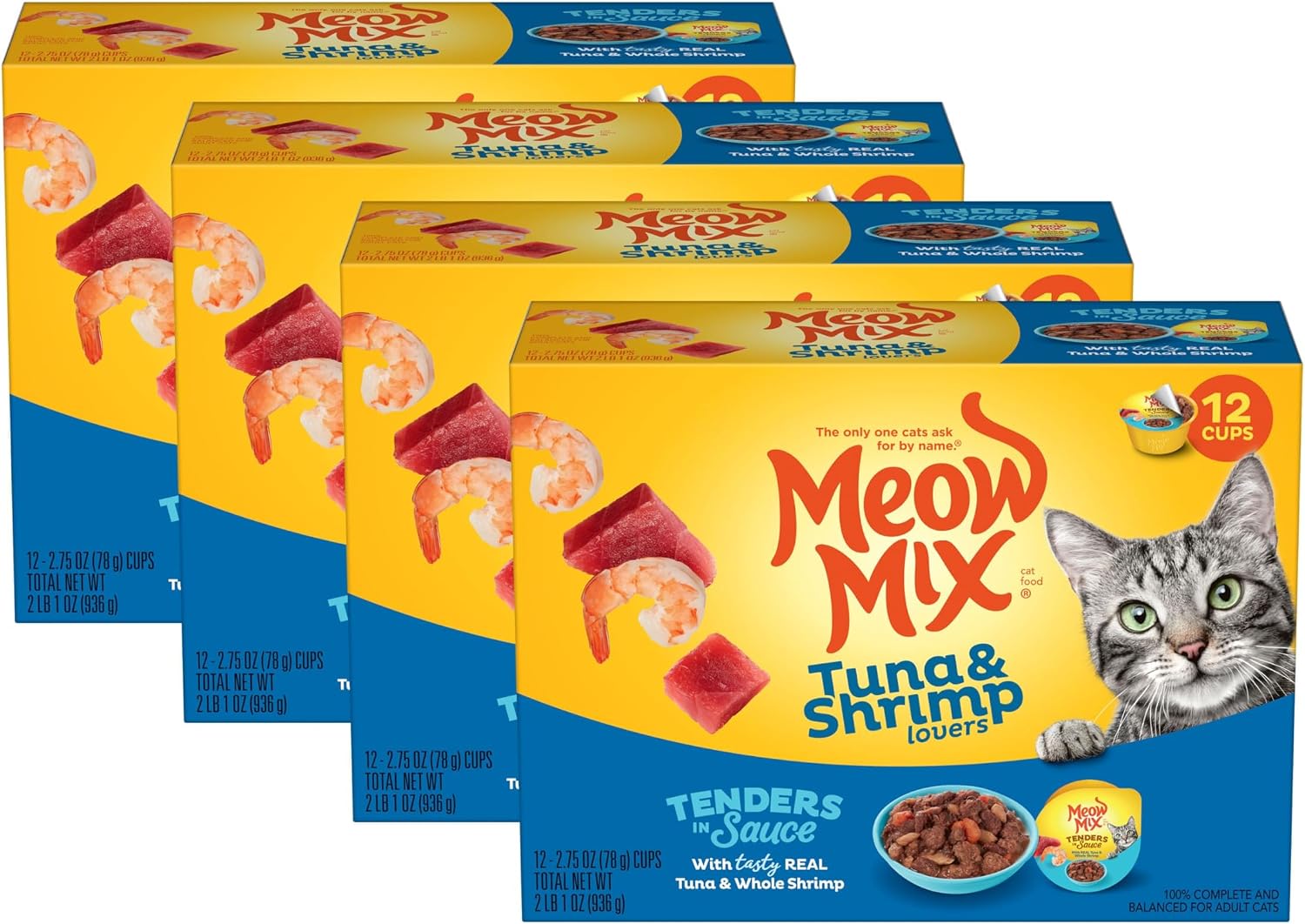 Meow Mix Tenders in Sauce, Wet Cat Food with Tuna & Whole Shrimp, 12 Cups