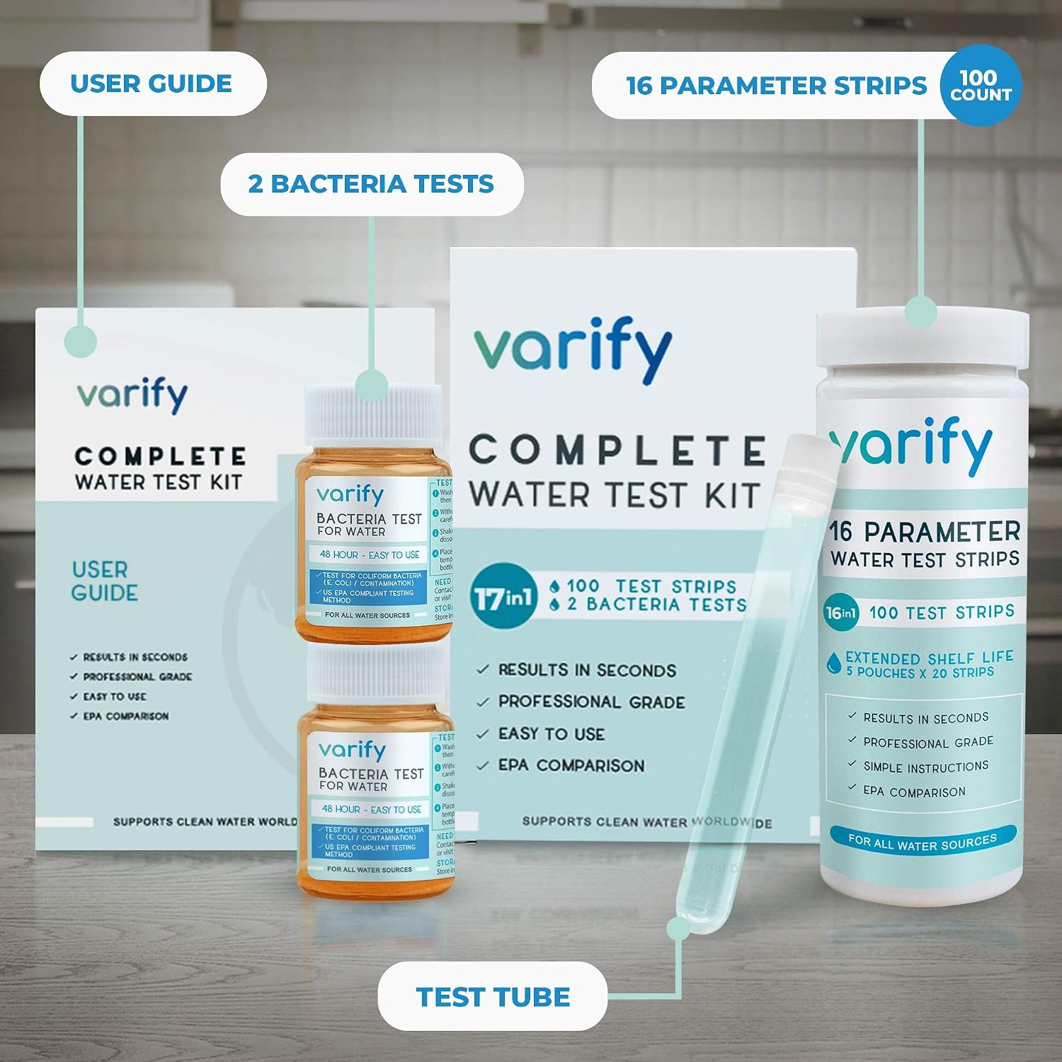 Varify 17in1 Complete Drinking Water Test Kit - 100 Strips + 2 Bacteria Tester Kits - Well, Tap, Home, City Water Testing Strip for Lead, Alkaline