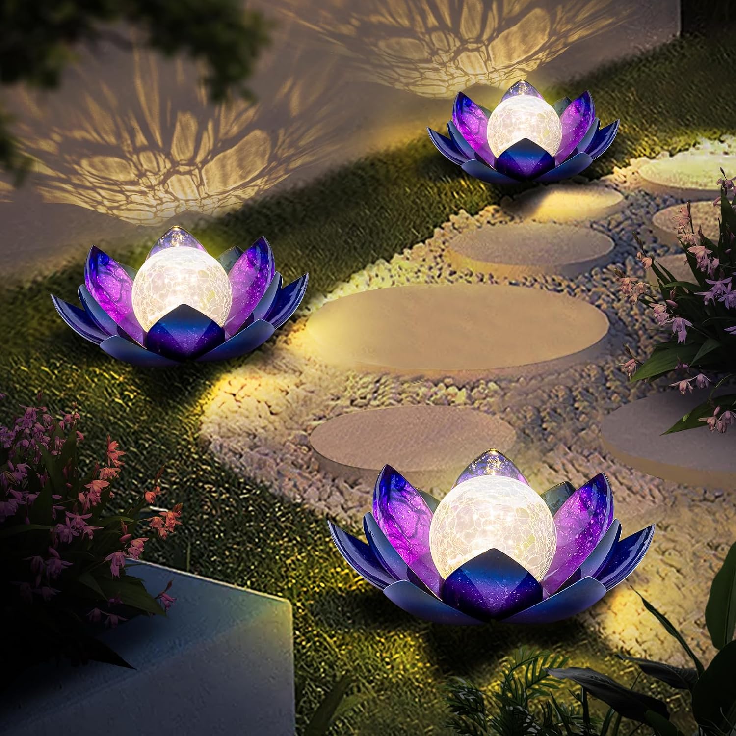 Huaxu Solar Lights Outdoor Garden, Crackle Globe Glass Lotus Decor, Waterproof LED Metal Flower Decorations for Patio,Lawn,Walkway,Tabletop,Ground