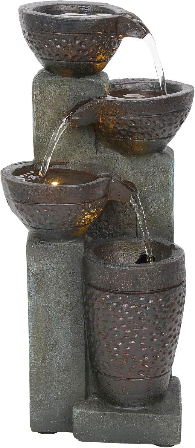 Alpine Corporation WIN326 Indoor Tabletop Light-Up Tiered Rainforest Tree Trunk Water Fountain with LED Lights, 11", Brown