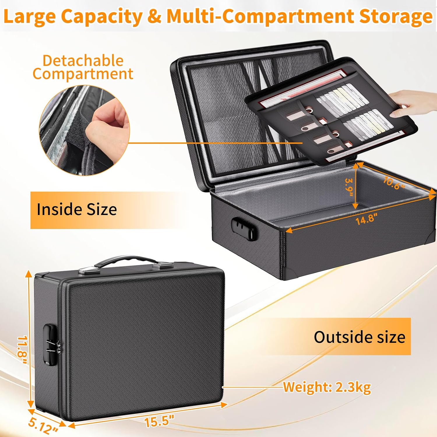 DocSafe Document Bag with Lock, Fireproof 3-Layer File Storage Box, Black