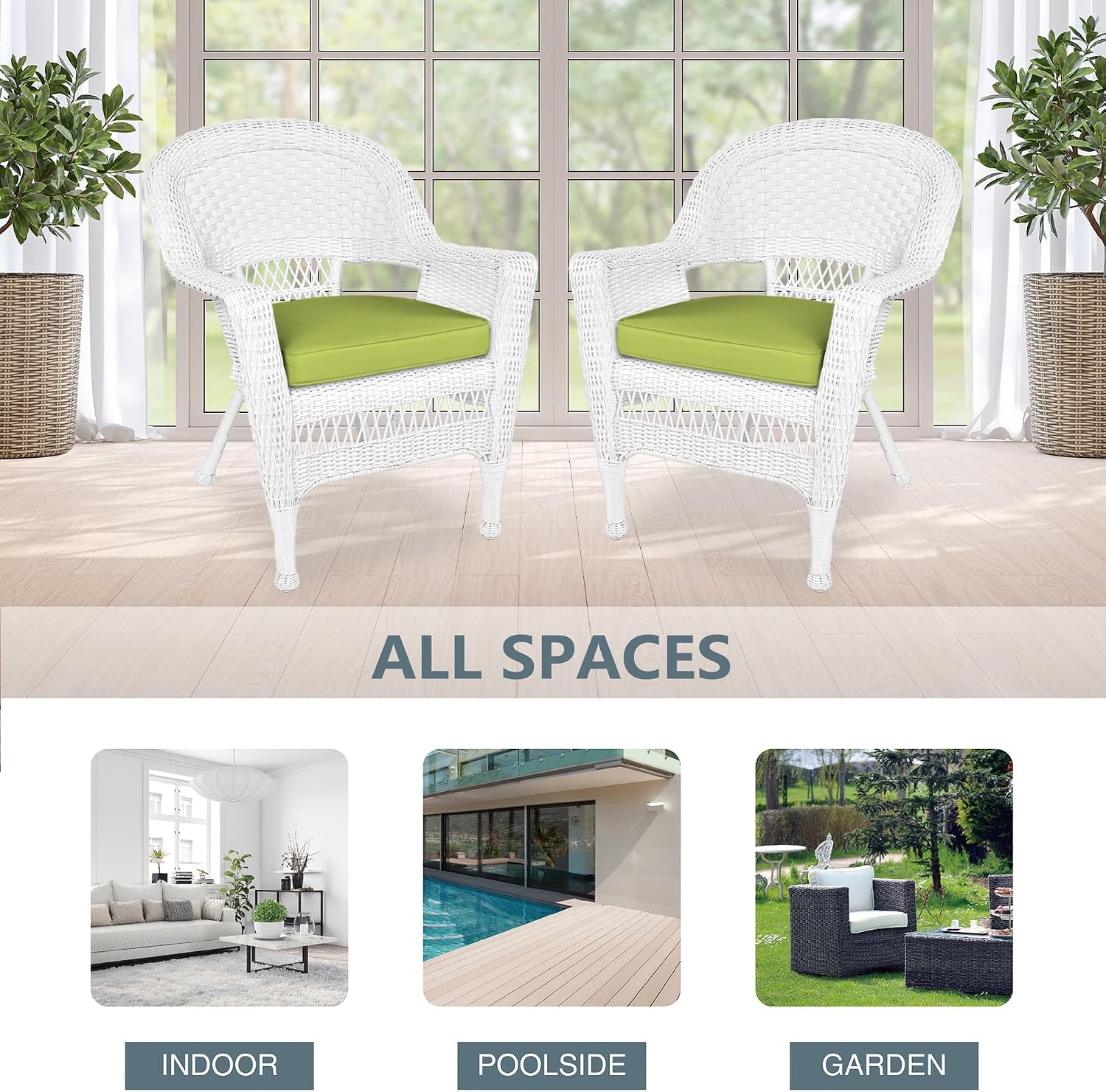 Jeco Wicker Chair with Green Cushion, Set of 2, White/W00206-