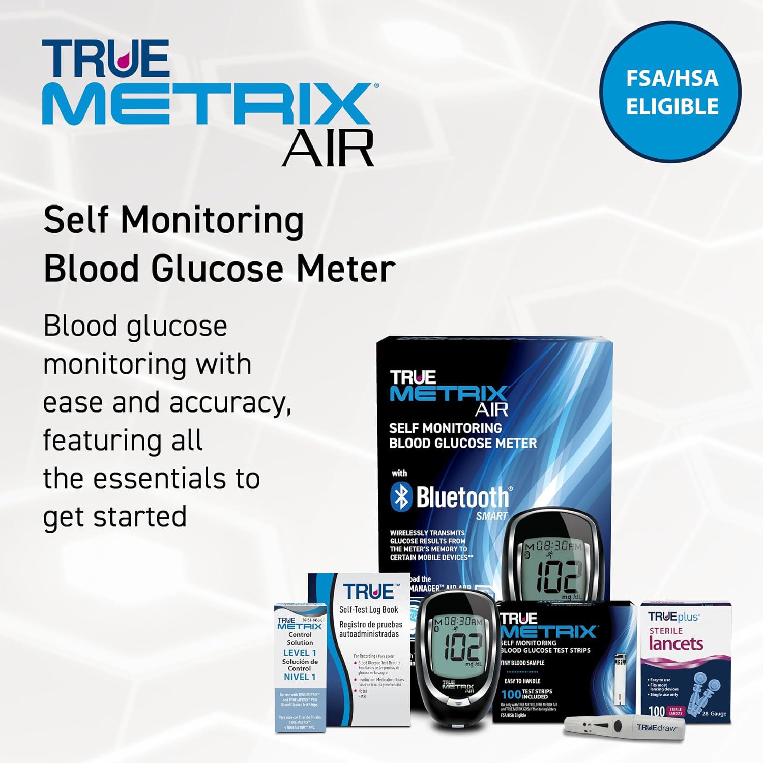 TRUE METRIX AIR Meter Kit, Glucose Monitor, Supplies, Log Book, Solution