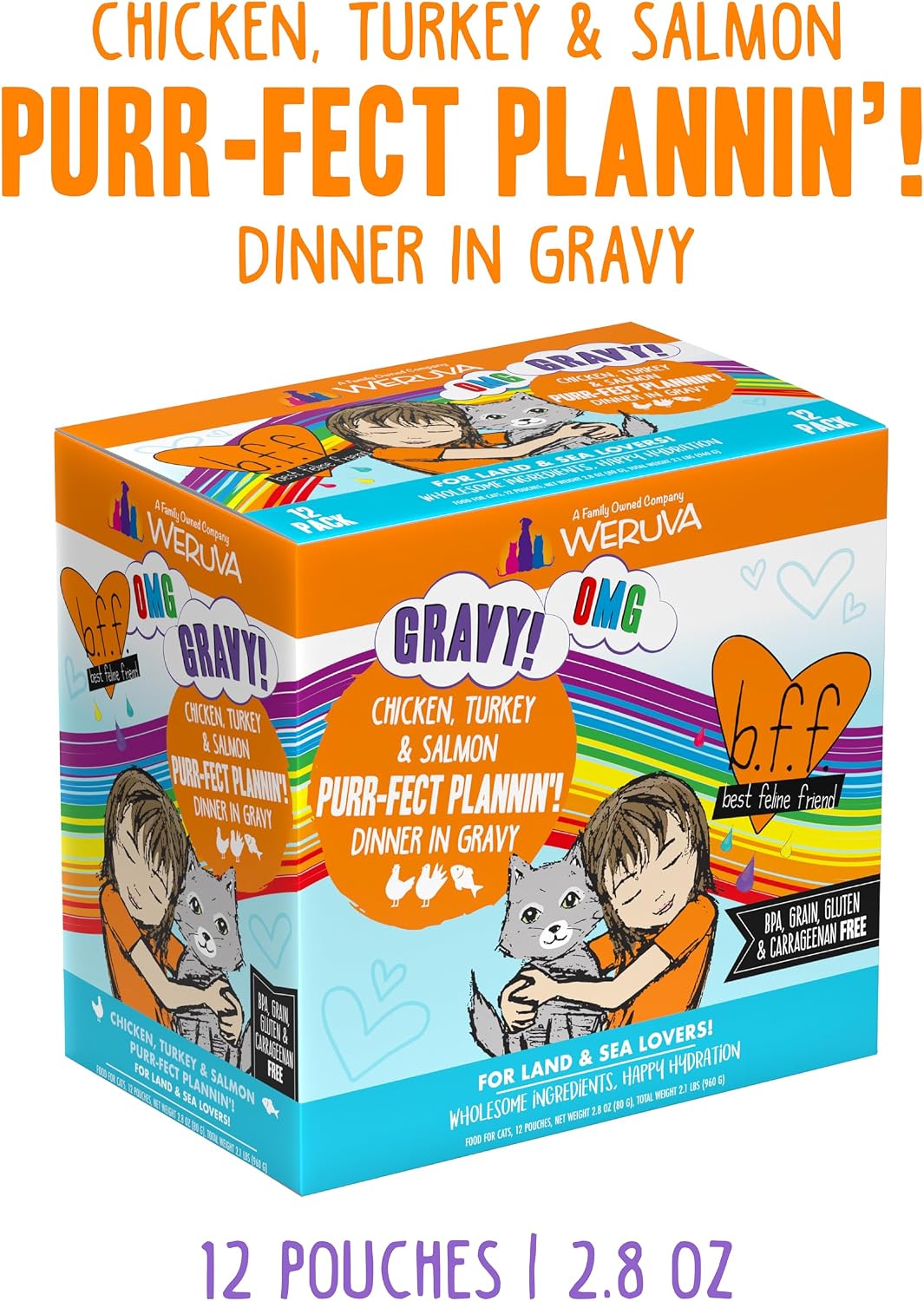 Weruva B.F.F. OMG - Best Feline Friend Oh My Gravy!, Tuna & Salmon Sweet Cheeks with Tuna & Salmon in Gravy Cat Food, 3oz Pouch (Pack of 12)