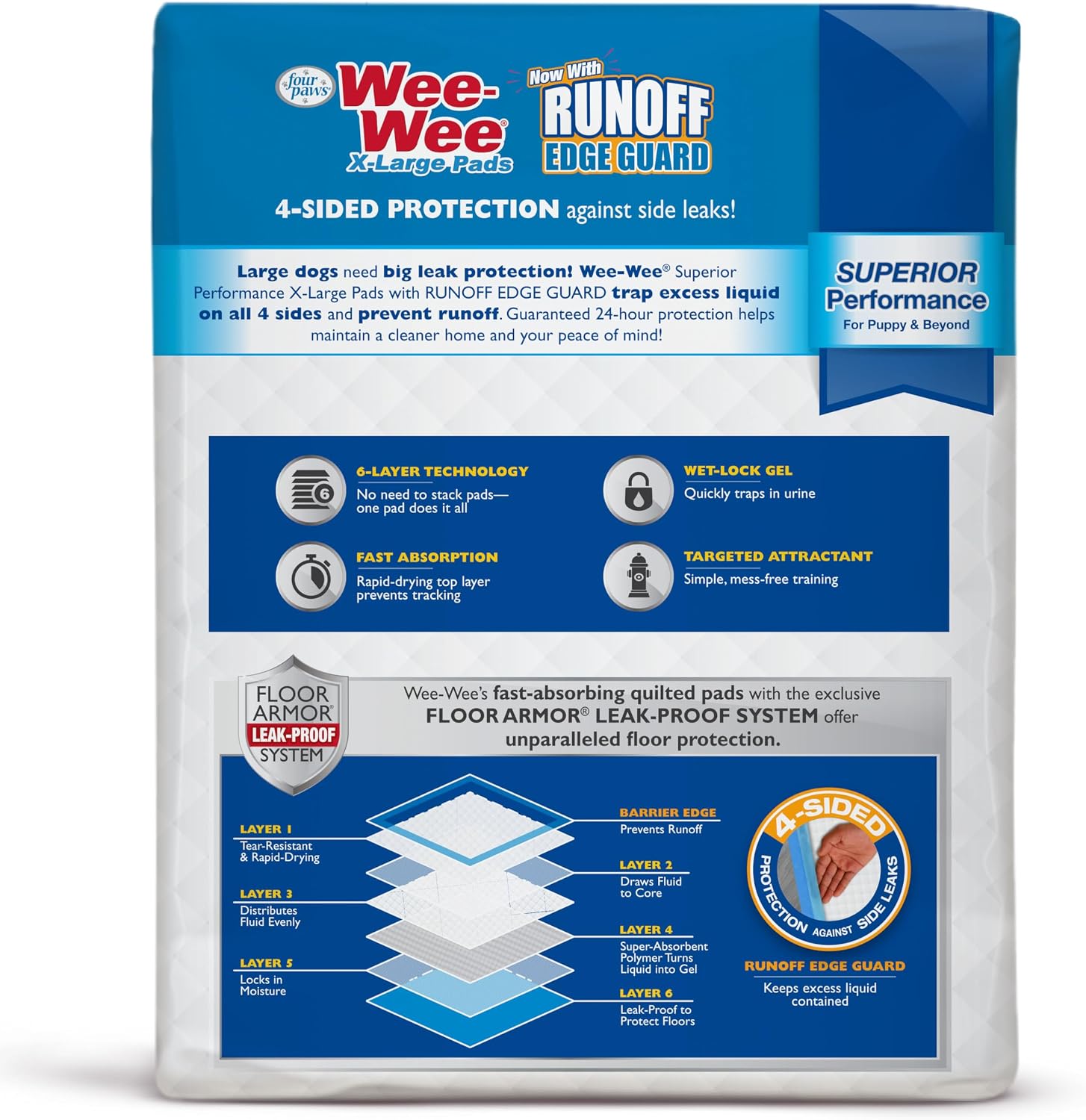 Four Paws Wee-Wee Superior Performance X-Large Dog Pee Pads, 40 Count | Puppy & dog potty training pads, housebreaking supplies, xl puppy pads, pet supplies, 24-hour floor protection, 28" x 34"