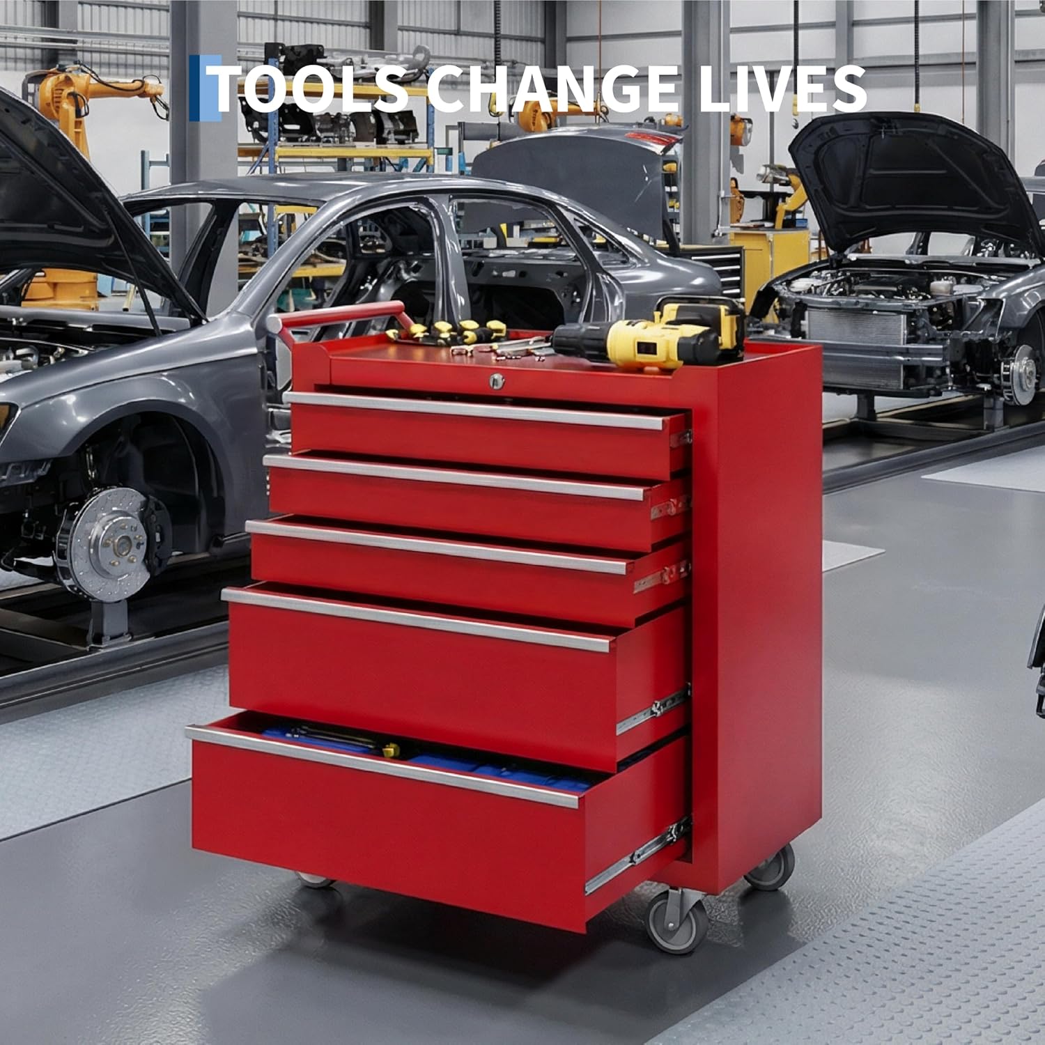 Rolling Tool Chest with Wheels, 5 Drawer Tool Storage Cabinet, Portable Toolbox Organizer with Lock, Heavy Duty Tool Chest Cart for Garage, Mechanic, Workshop, Shop, Mobile Tool Organizer, Black