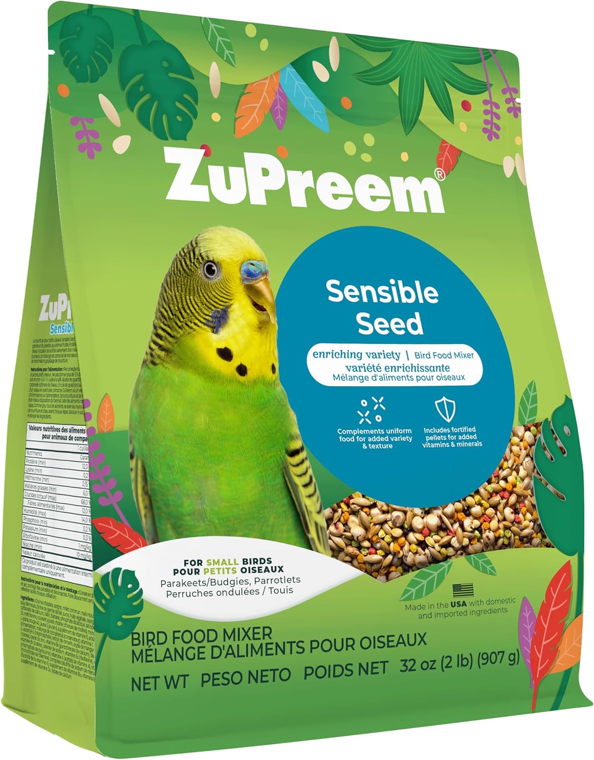 ZuPreem Sensible Seed Parakeet & Budgie Food, Variety Mixer, Small, 2 lb | Bird Food Mixer, Parrot & Parakeet Food, Budgie, Treats, Pellet Mix, Pumpkin Seeds, Safflower, Variety, Made in USA
