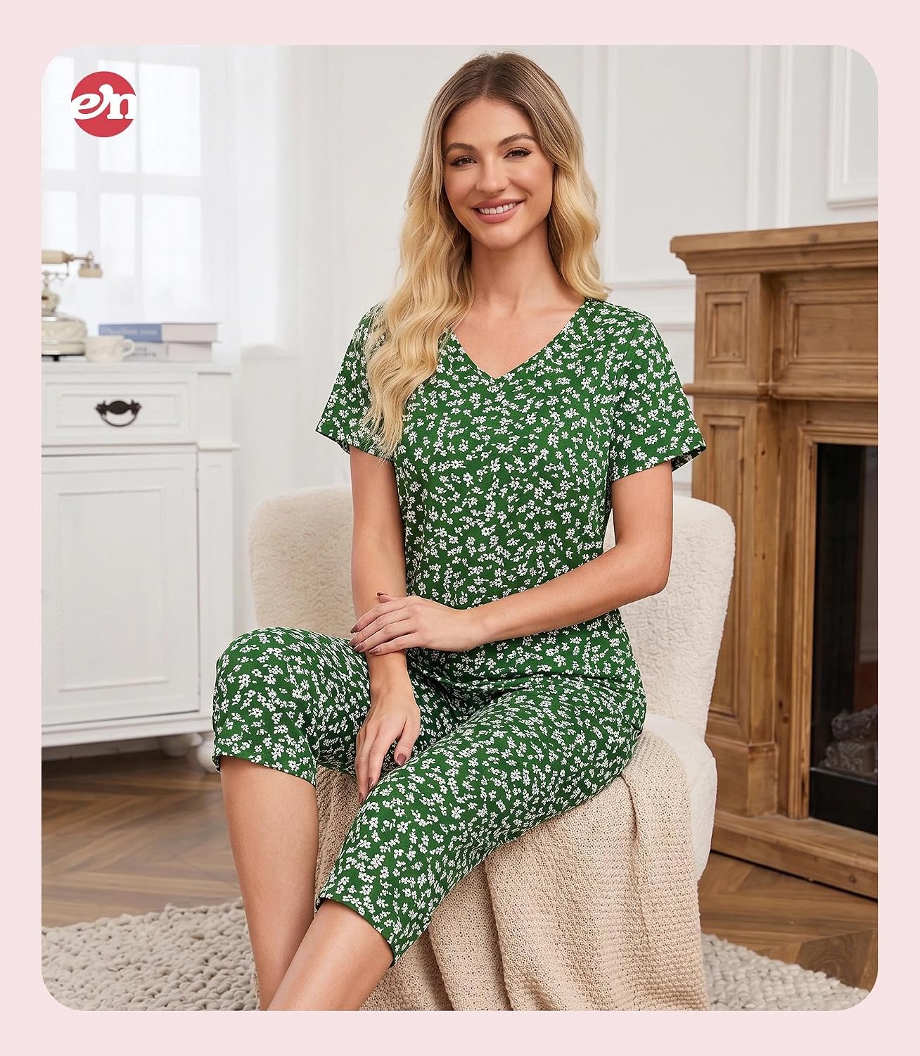ENJOYNIGHT Womens Pajama Set Cotton Short Sleeve Top With Capri Pants Pj