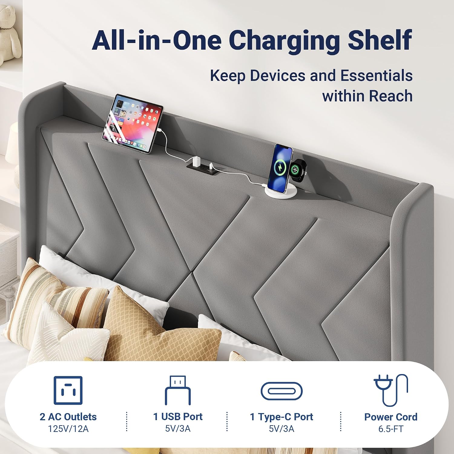 Allewie Full Size Platform Bed Frame with Charging Station and Storage Shelf/Upholstered Velvet Wingback Headboard/Wooden Slats Support/No Box Spring Needed/Easy Assembly, White
