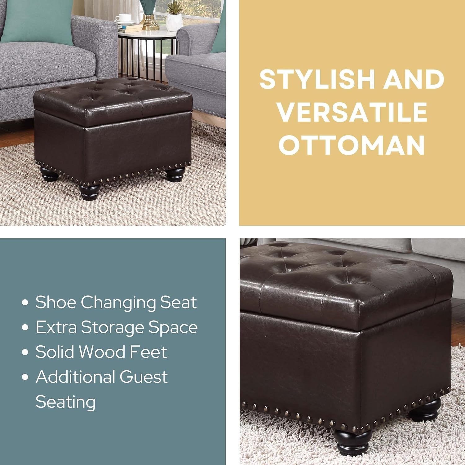 Convenience Concepts Designs4Comfort 5th Avenue Storage Ottoman 24" - Contemporary Foot Stool and Seat with Hinged Lid for Living Room, Dining Room, Office, Den, Espresso Faux Leather