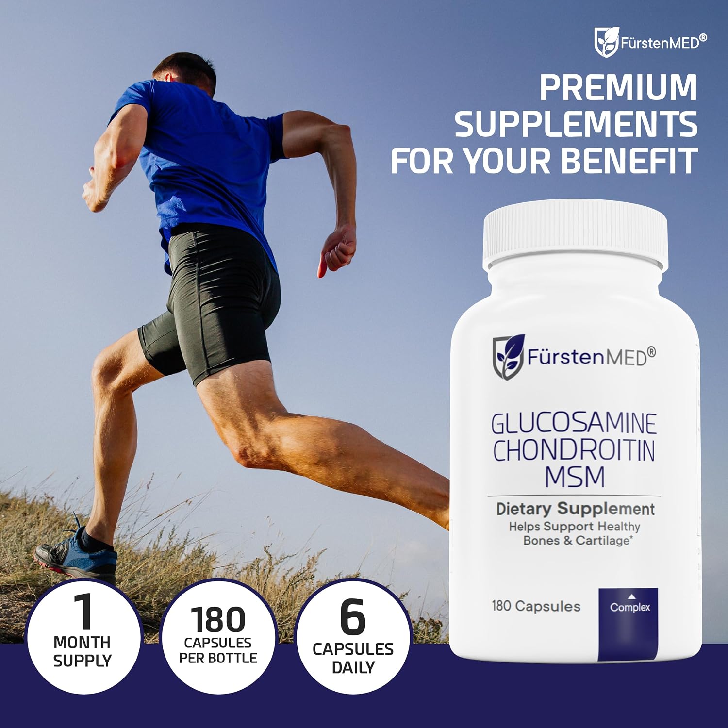 FürstenMED® Glucosamine 1710mg + Chondroitin 1200mg + MSM 1710mg + Vitamin C, High-dose Supplement 4-in-1 Complex 180 Capsules for Joint Health