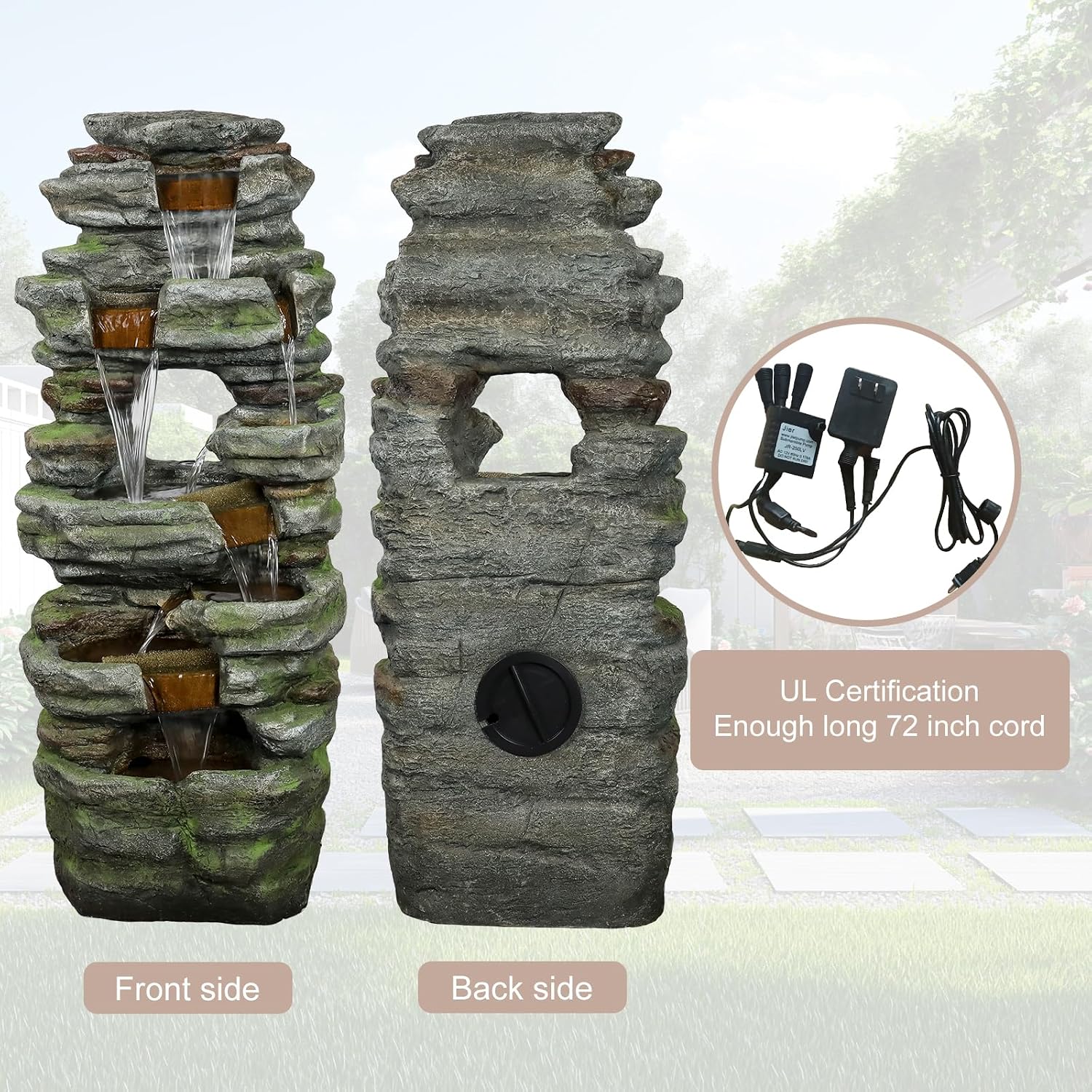 SunJet 40.5” High Rocks Outdoor Water Fountain - 6-Tiers Cascading Waterfall with LED Lights, Soothing Tranquility for Home Garden, Yard Decor