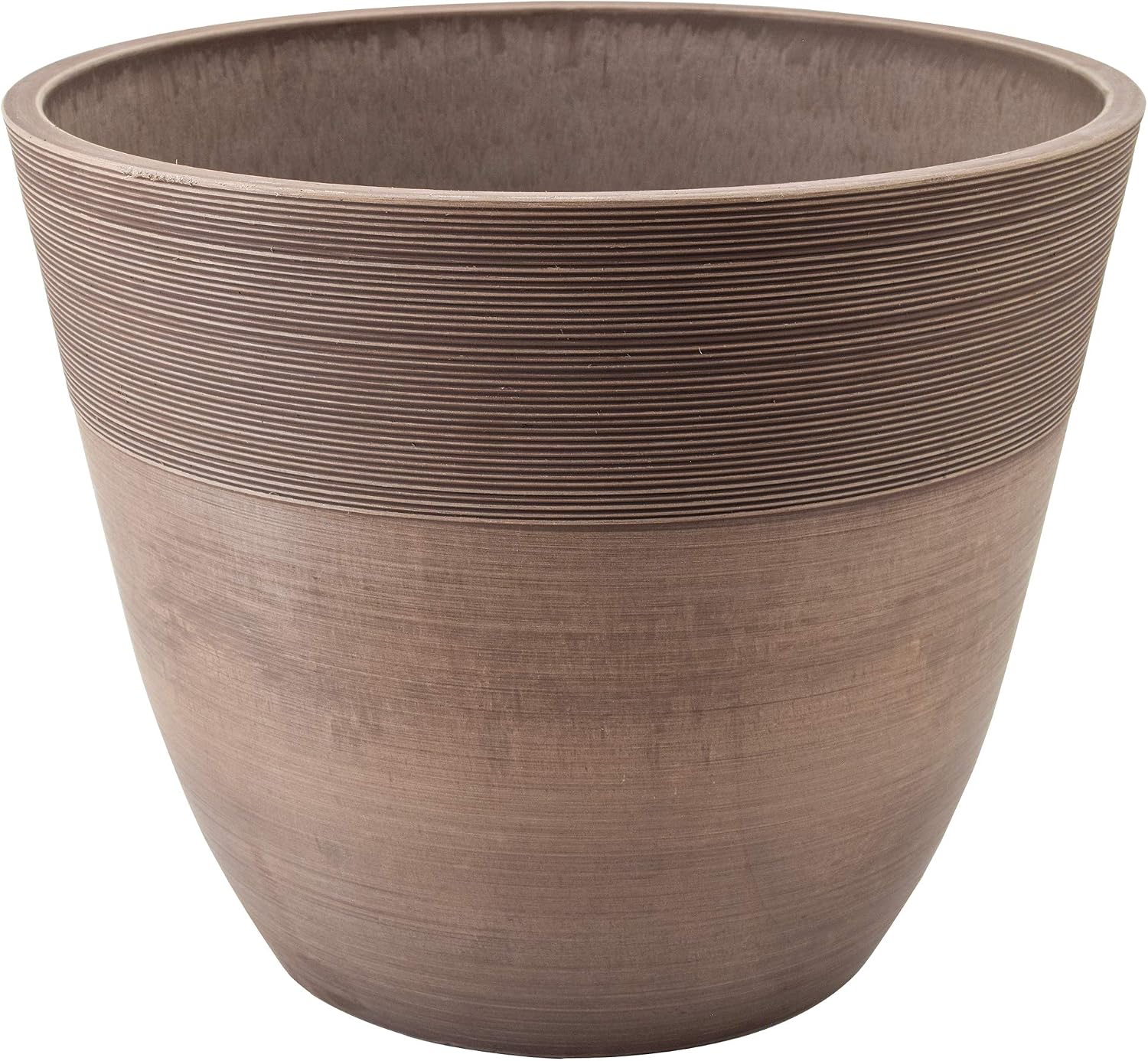 PSW Pot Collection 12-inch Plastic/Stone/Wood Composite Large Ribbed Planter – No Drainage Hole (Drillable), Indoor/Outer Garden Pot for Foliage