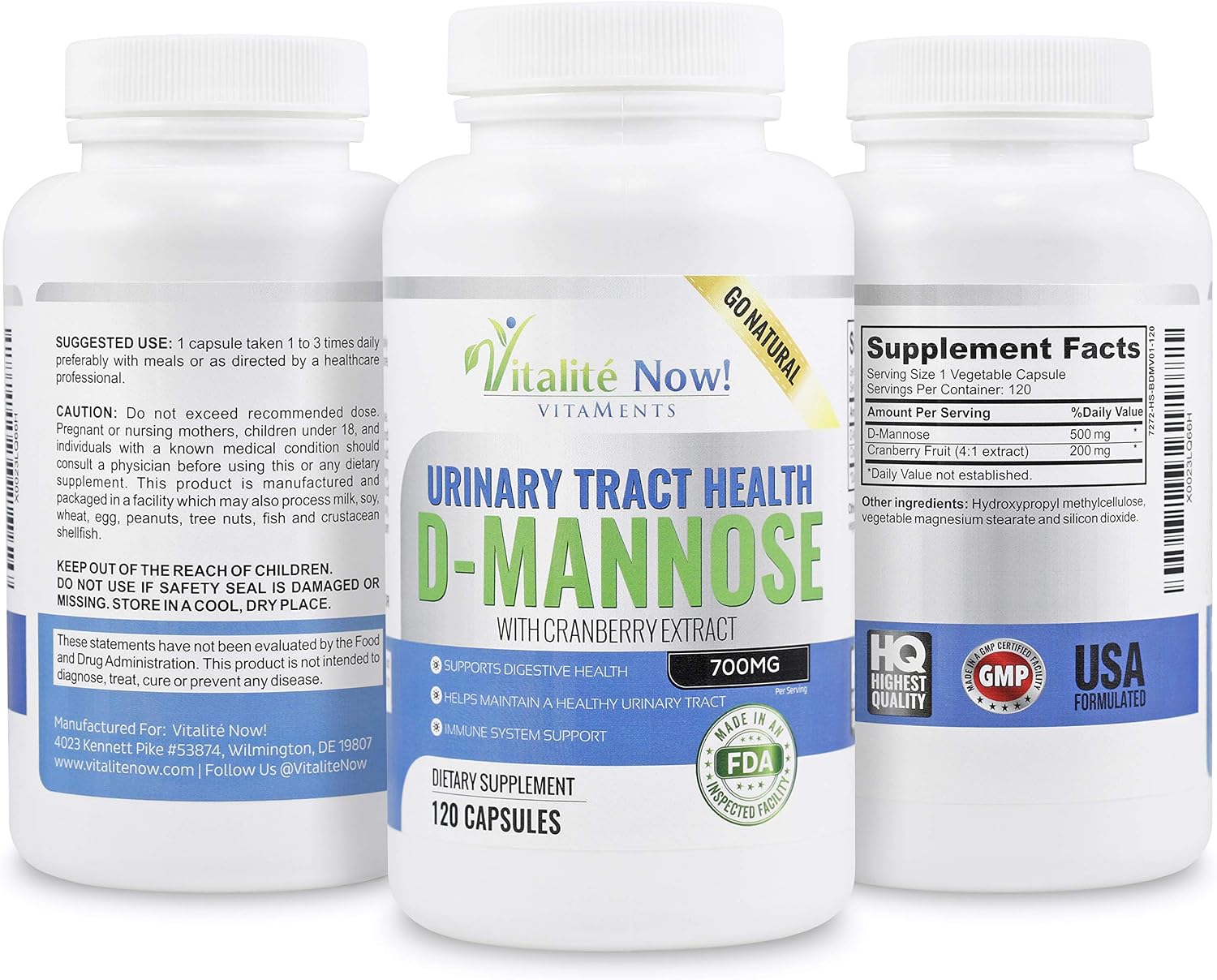 High Strength Pure D-Mannose with Cranberry Extract for UTIs | Natural Urinary Tract Infections - Digestive Health - Immune System Support - 700mg