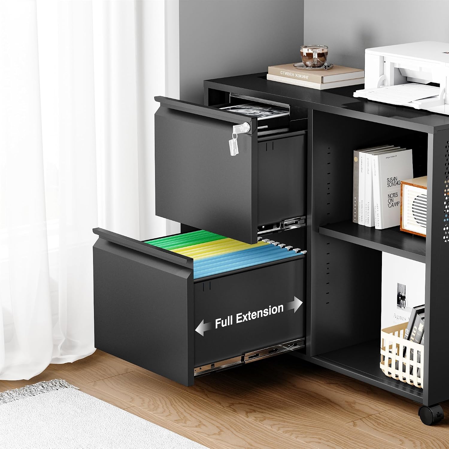 3 Drawer File Cabinet with Lock,Mobile Lateral Filing Cabinet with Side Hook for Letters/Legal/A4, Metal Printer Stand Storage Cabinets with Shelves for Home Office(Black)