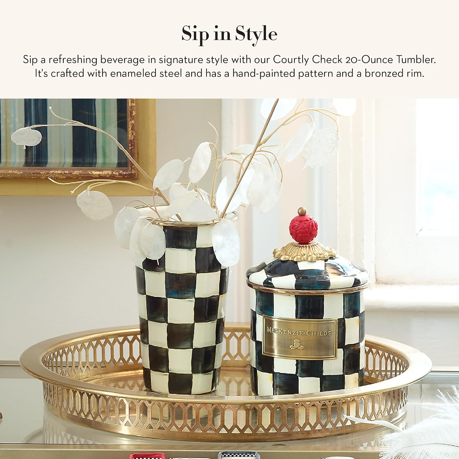 MACKENZIE-CHILDS Enamel Tumbler, Black-and-White Courtly Check | Hand-painted design, elegant drinkware with gold rim, 2.75" dia. x 4.5" H, 10-ounce capacity
