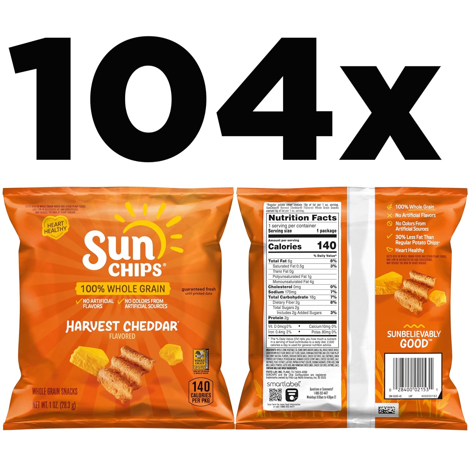 SunChips 100% Whole Grain Chips, Harvest Cheddar, 1 oz Bags, Pack of 104, No Artificial Flavors, No Colors from Artificial Sources