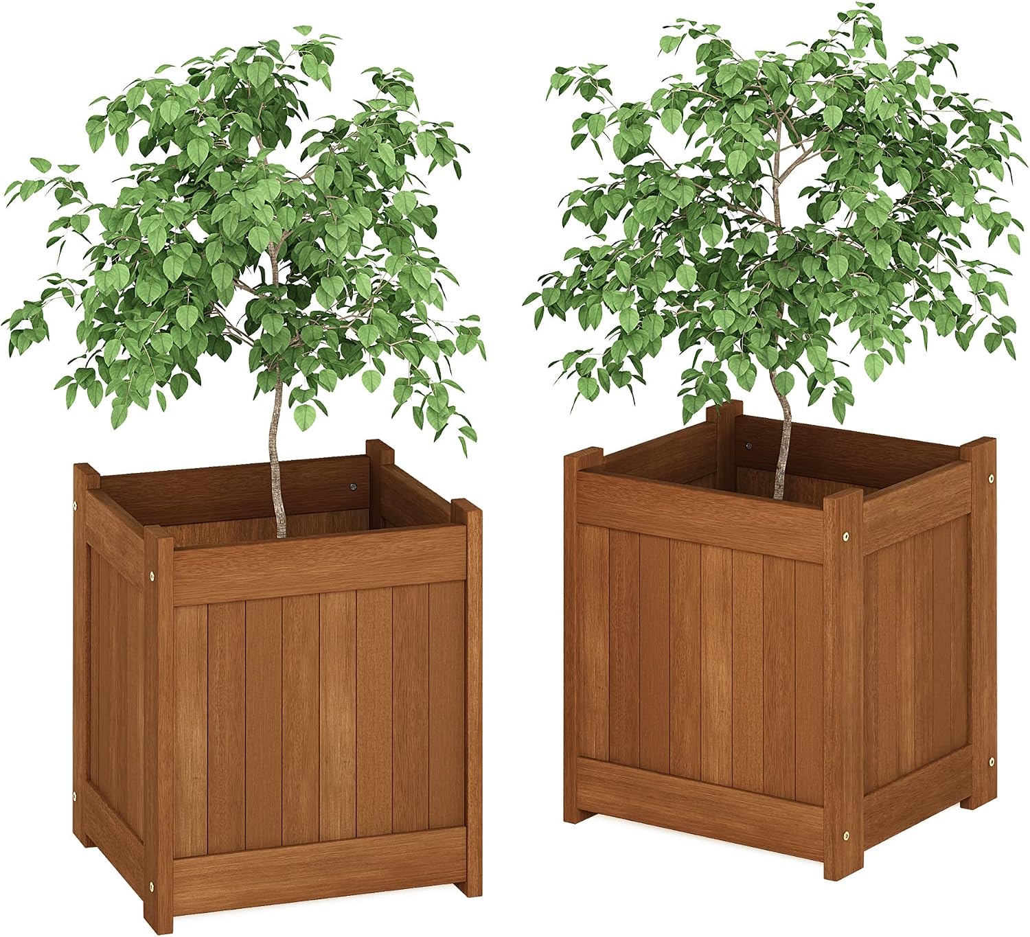 Furinno 2-FG16450 Tioman Hardwood Flower Box, Two-Pack, Natural | 15.4 x 15.4 x 17.7, Flower Box, Garden Box, in Teak Oil, Outdoor Indoor, Garden, Patio, Balcony