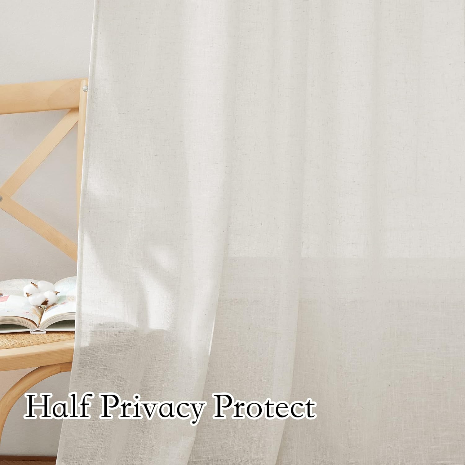 RYB HOME Linen Sheer Curtains - Linen Textured Semi Sheer Curtains for Kids Nursery Bedroom Living Room Window