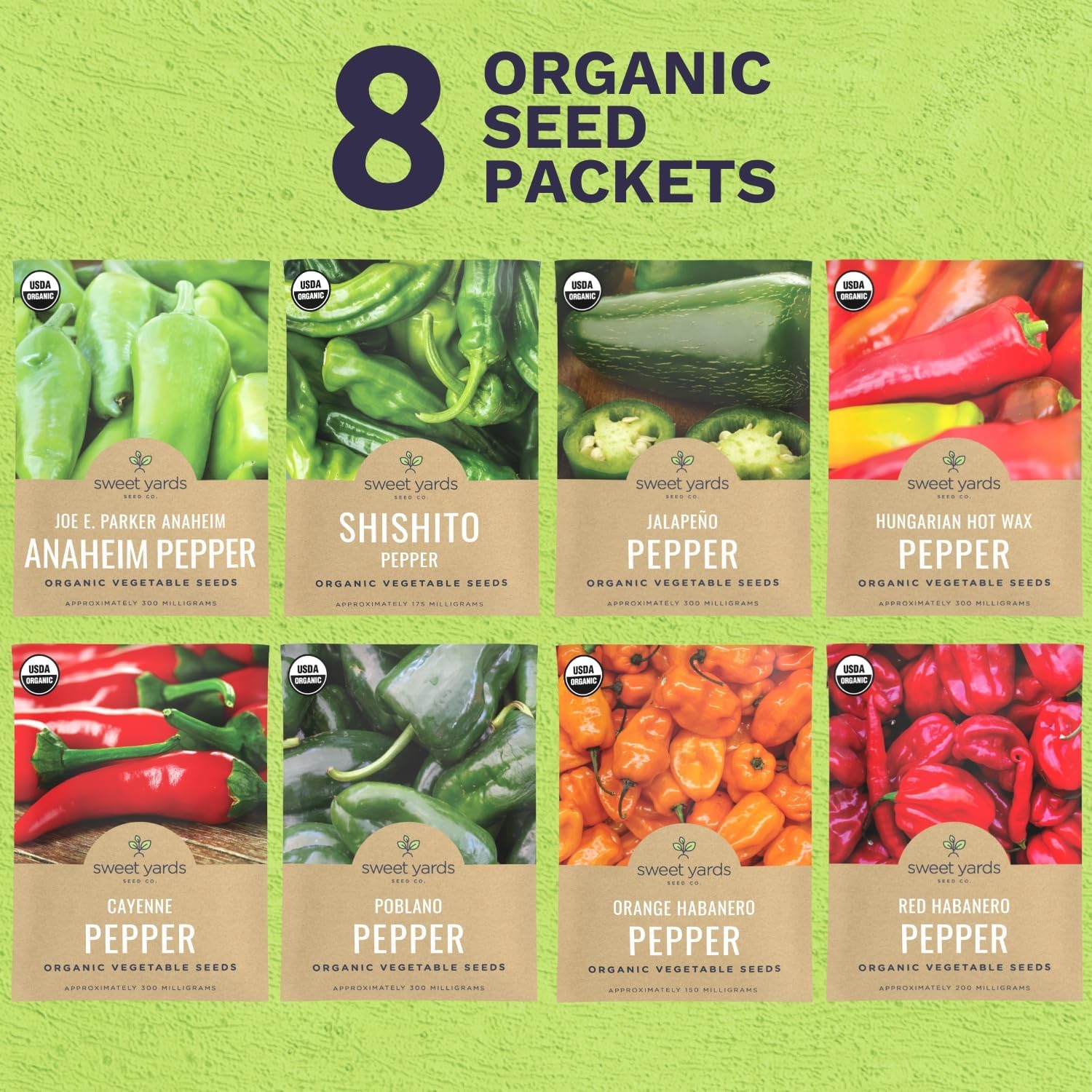 Organic Hot Pepper Seeds Variety Pack - 8 Individual Packs - 2026 Season - Habanero, Jalapeno, Cayenne
