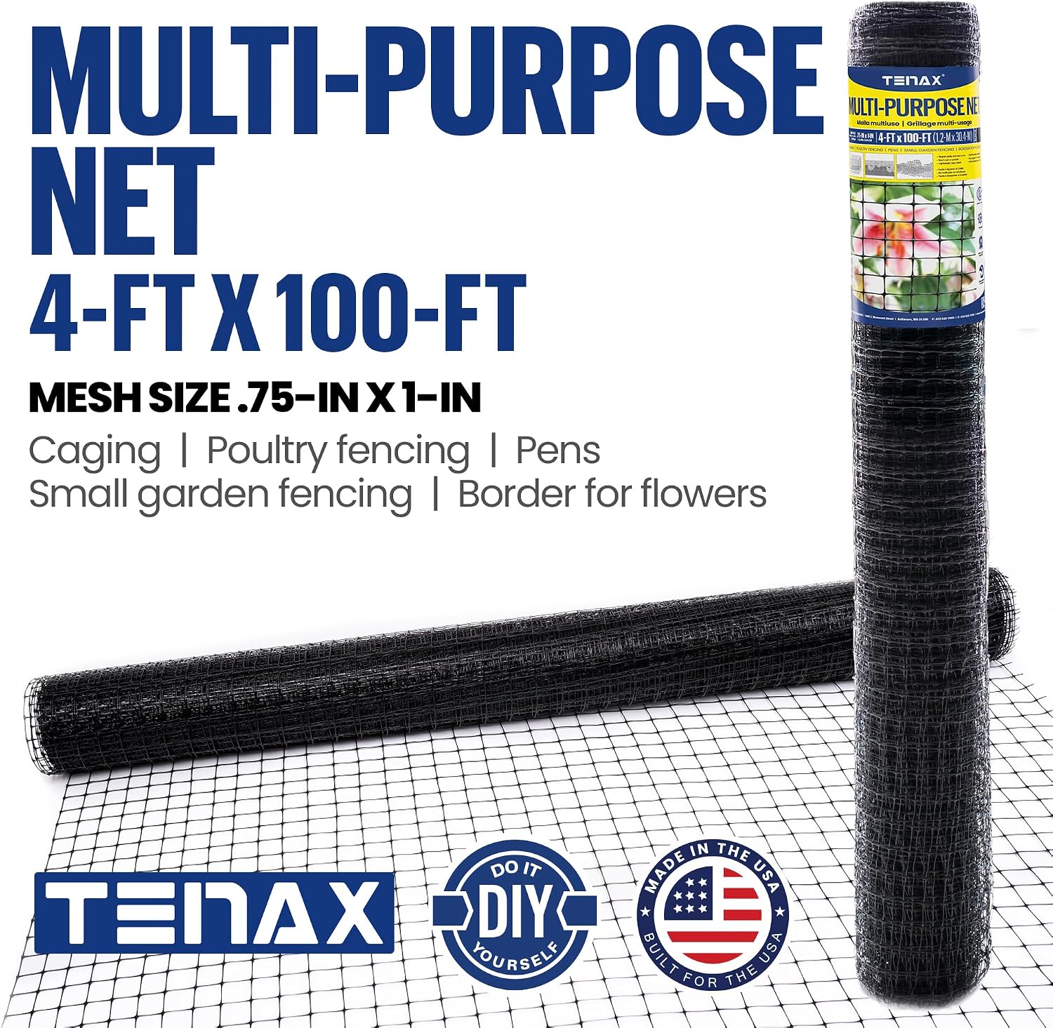 Tenax Multi-Purpose Net - Black Plastic Netting, Versatile Garden Fence - 3' x 50' - Polypropylene