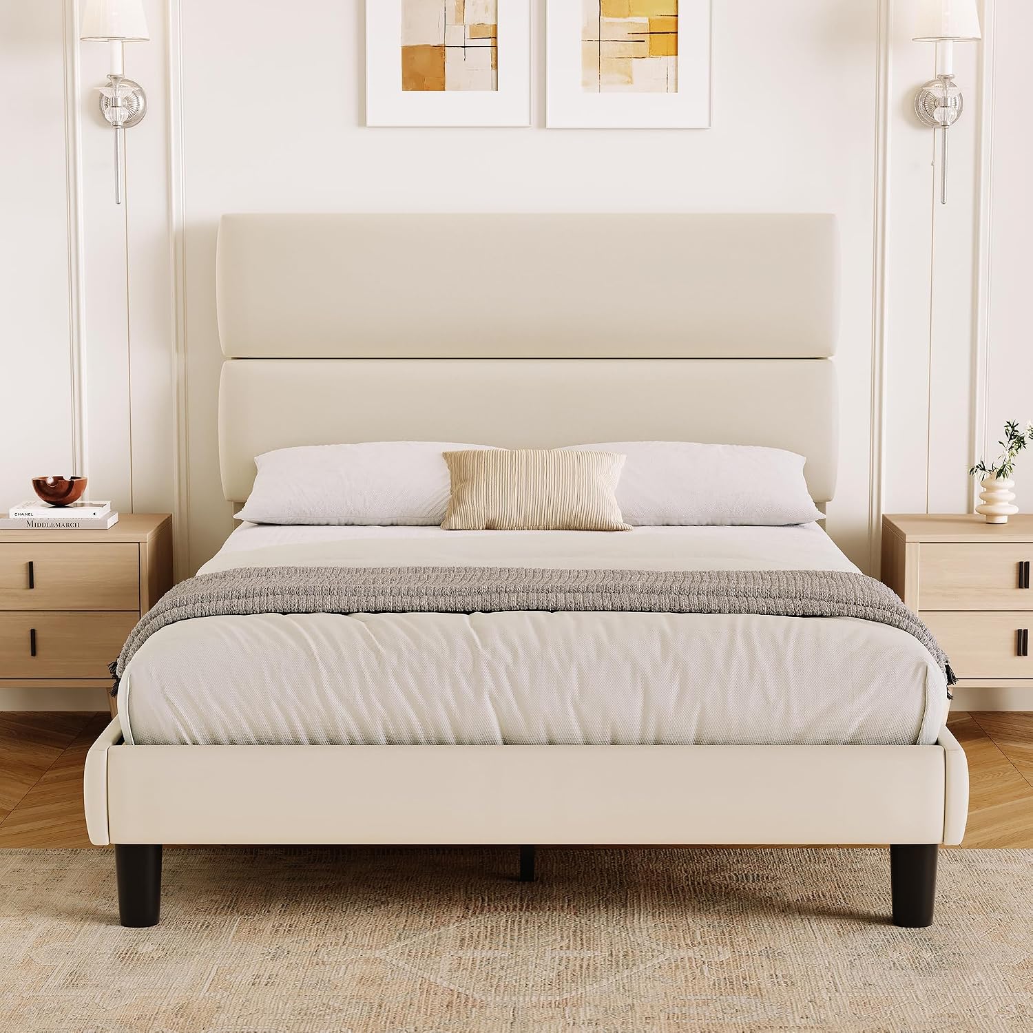 GRUSIGN Queen Size Platform Bed Frame with Velvet Headboard, Adjustable Height Wooden Slats Support, Upholstered Mattress Foundation, Fits Mattress or Mattress with Box Spring, Easy Assembly, Beige