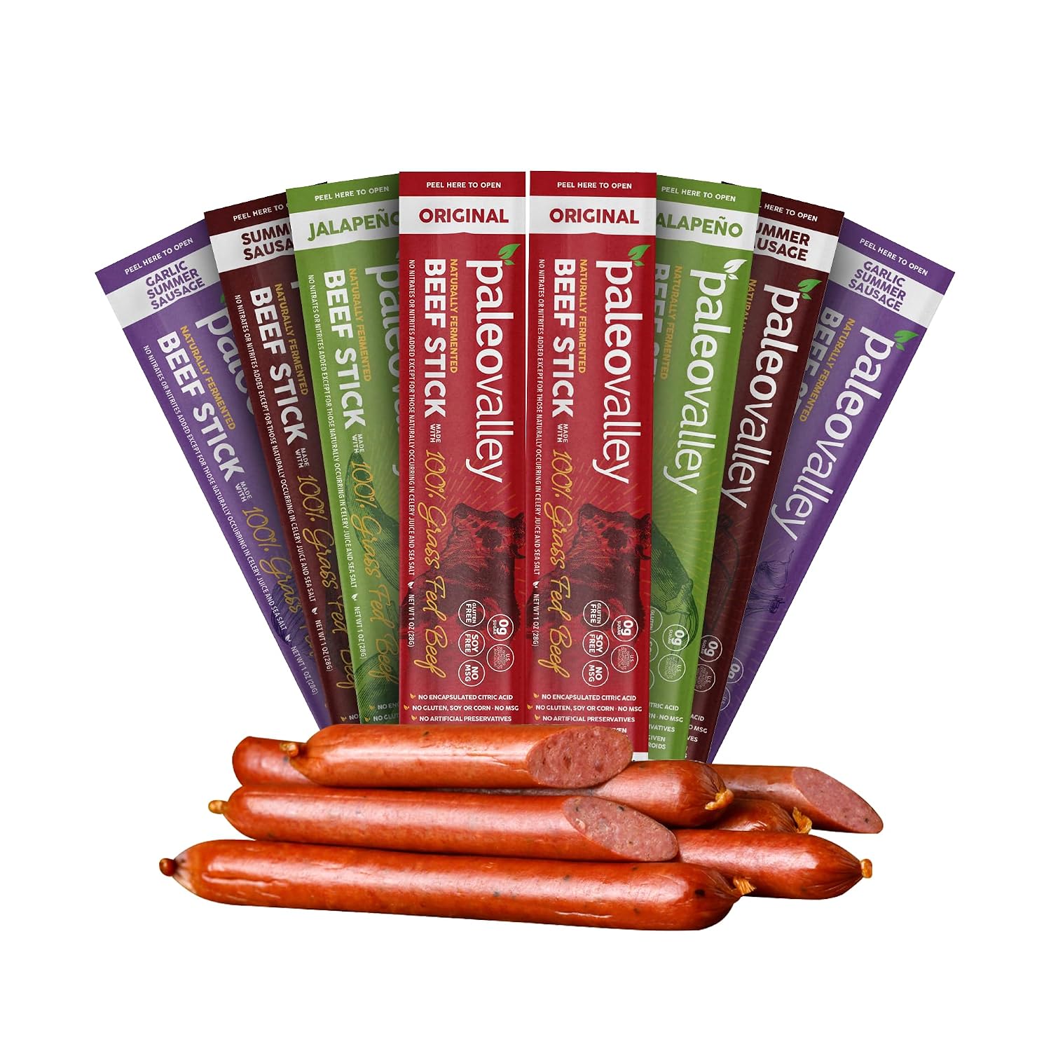 Paleovalley 100% Grass Fed Beef Sticks, Protein Snacks, Original | 10 Count, Individually Wrapped, Naturally Fermented, Gluten Free, Keto and Paleo, Made With Simple Ingredients, 6g Protein