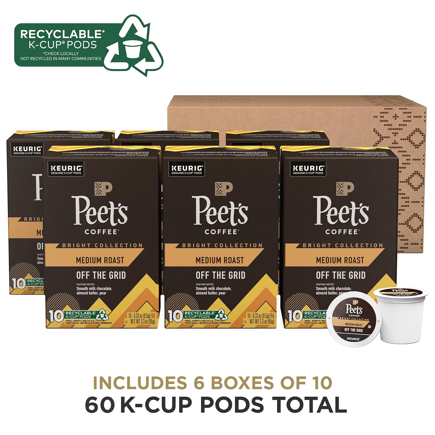 Peet's Coffee, Medium Roast Keurig K-Cup Pods, 100% Arabica Coffee - Big Bang 60 Count (6 Boxes of 10 K-Cup Pods)