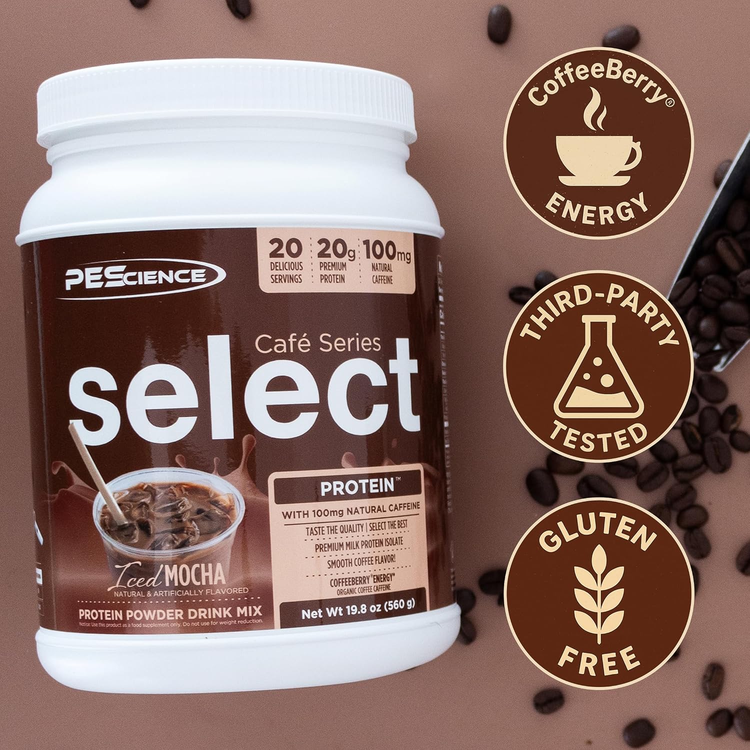 PEScience Select Cafe Protein Coffee Powder, Caramel Macchiato, 20 Servings | 100mg Caffeine, 20g Iced Protein Coffee Powder or Creamer