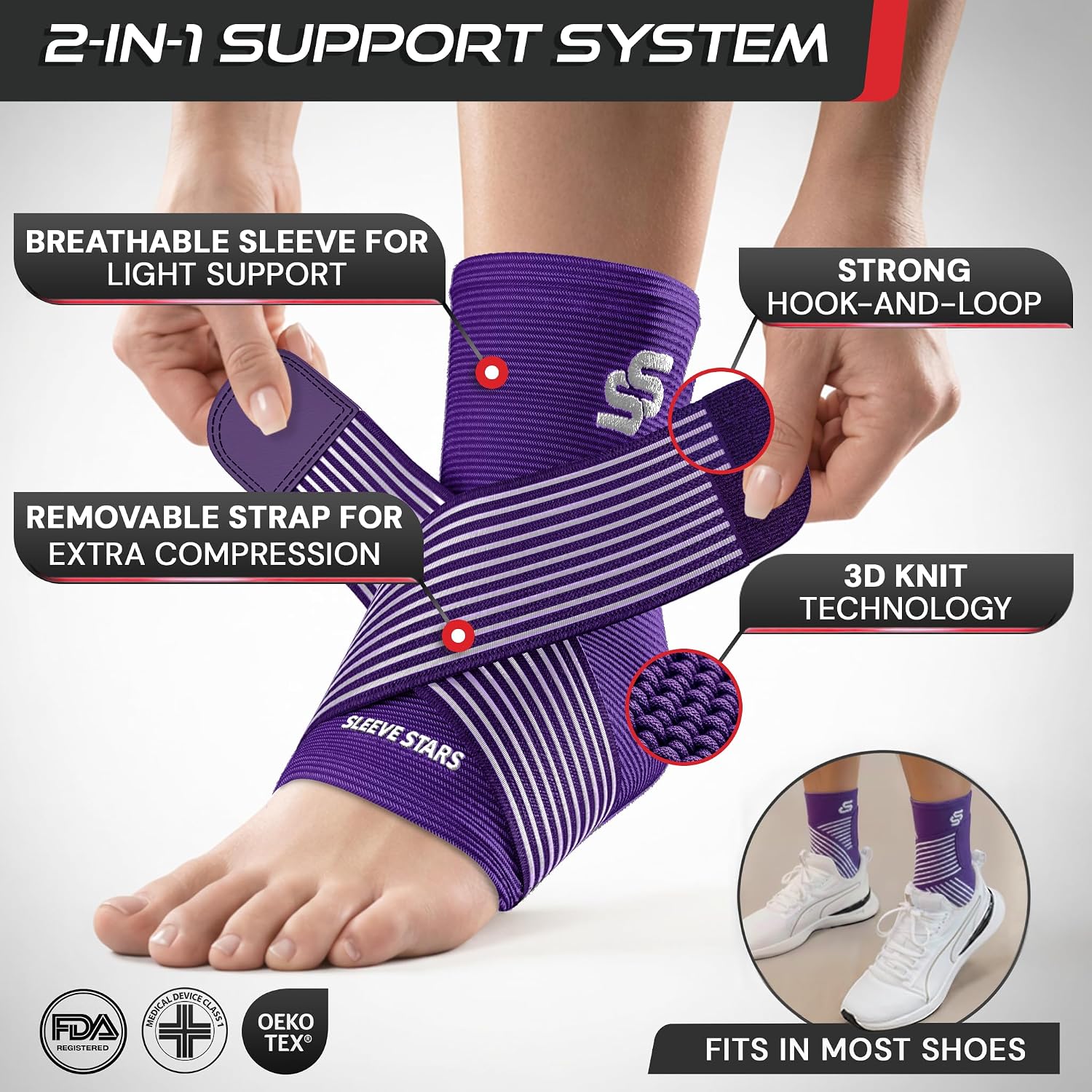 Sleeve Stars Ankle Brace for Women & Men, Ankle Wrap for Sprain, Compression Sleeve for Plantar Fasciitis Relief, Easy Customizable Support: w/ Removable Strap (Single/M:10"-12"/Black)